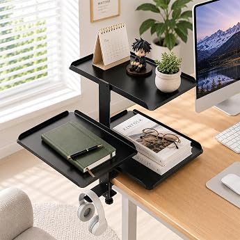 3 Levels Clamp-On Desk Shelf Attachment with Adjustable Storage Compartment and Headphone Stand Over or Under Desk Storage No Drilling Non-Slip Desk Shelf for Home Office