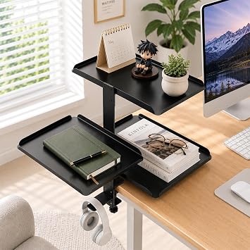 3 Tier Clamp On Desk Shelf, No Drill Desk Extension Shelving Unit with Adjustable Metal Trays & Headphone Stand Above or Under Desk Storage, Heavy Duty Desktop Storage Rack for Home Office