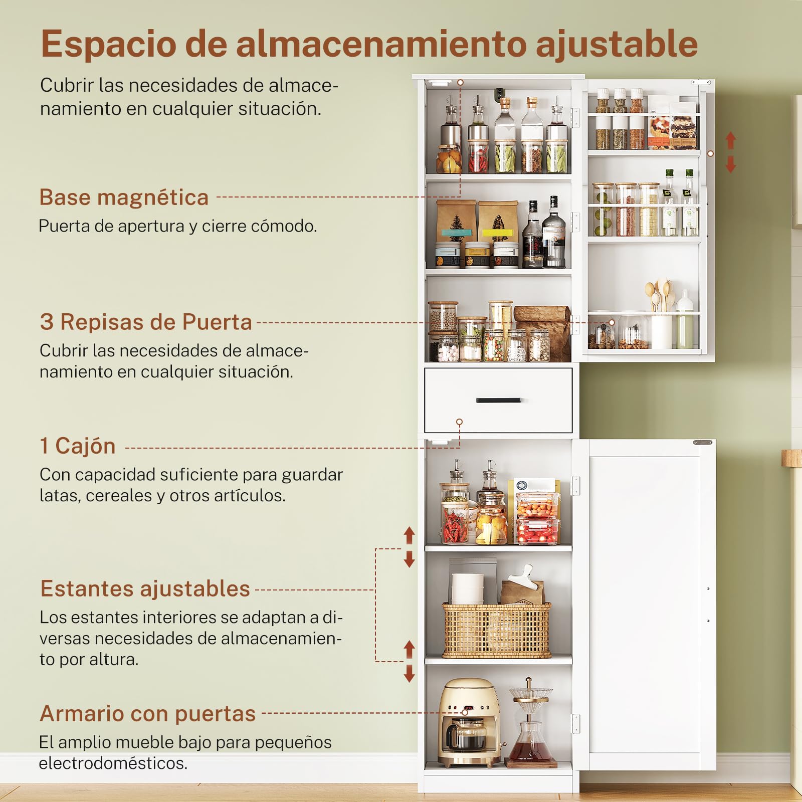 TEENFON Alacena de Cocina Alta y Despensa, Armario Multiusos con 2 Puertas, 1 Cajón y Estantes Ajustables, Aparador y Mueble de Baño para Cocina, Salón, Baño, 170 x 40 x 30 cm, Blanco