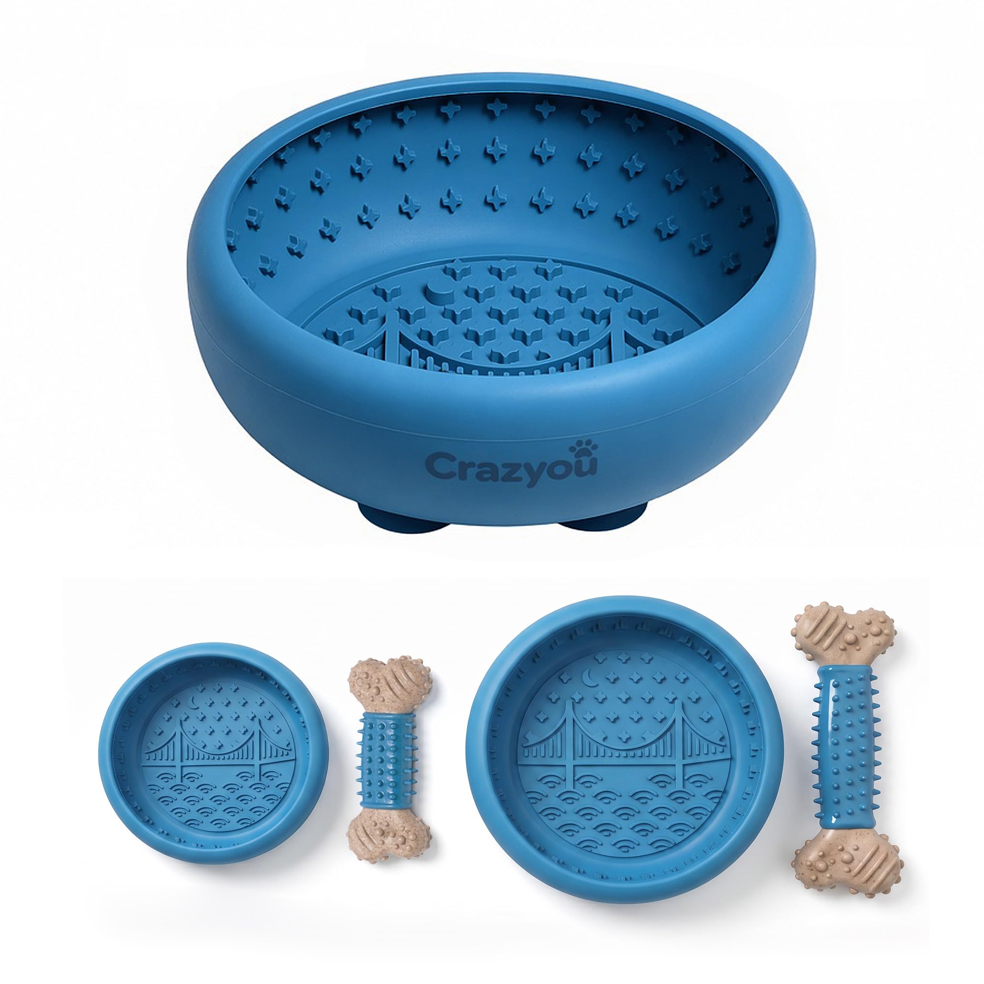 Dog Lick Bowl with Bone Chew Toy, Silicone Slow Feeder Lick Mat (Blue, L)