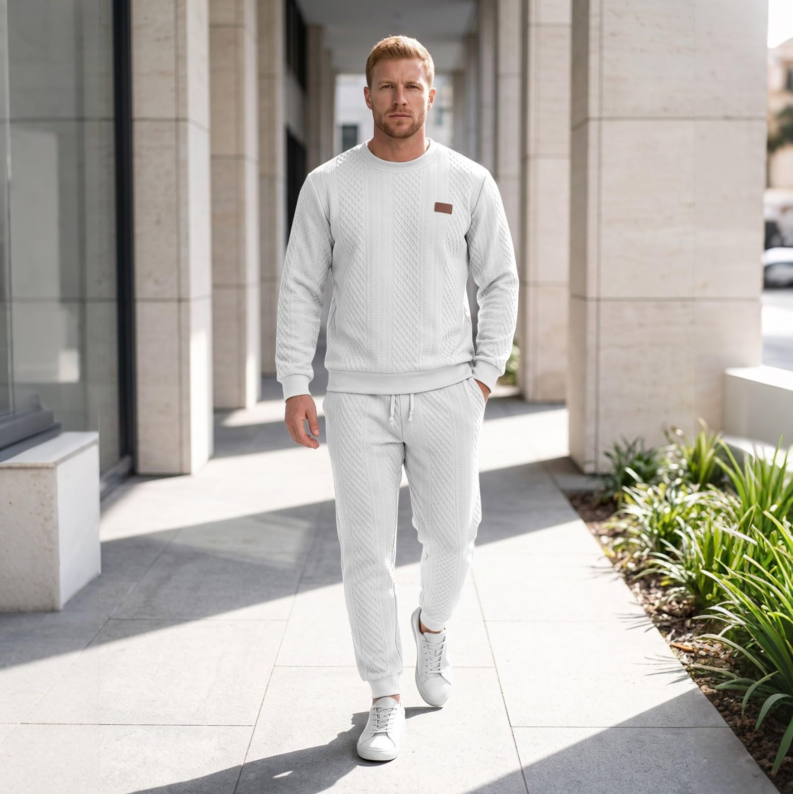 Conjunto de chándal de dos piezas de cuello redondo para hombre | Conjunto completo de sudadera y pantalones deportivos de cintura elástica, estilo casual, texturizados, ajuste holgado