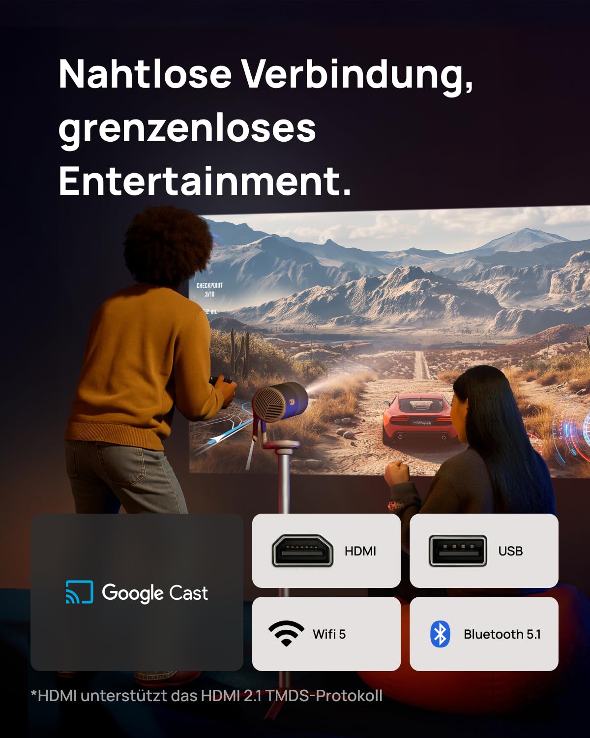 XGIMI MoGo 4 Mini Beamer Set mit Akku – Smart Outdoor Heimkino mit PowerBase-Ständer, 5h Laufzeit, Google TV & Netflix, 360° Ständer, 450 ISO-Lumen, 2×6W Harman Kardon