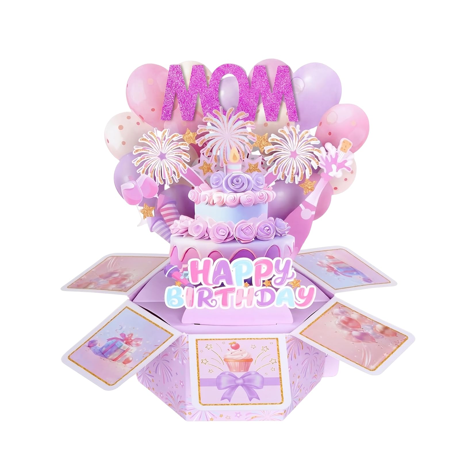 1Pc Happy Birthday Pop Up Card for Mom Colorful 3D Pop Up Card 3D Birthday Box Greeting Card with Envelope for Mom (Purple-Mom)