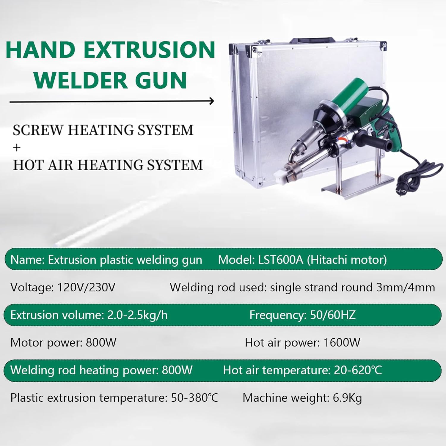 Extrusora de soldadura de plástico portátil de 1600 W, pistola de extrusión de aire caliente, pistola de soldadura de plástico, extrusora de soldadura para soldadura de láminas de PVC, HDPE y PP