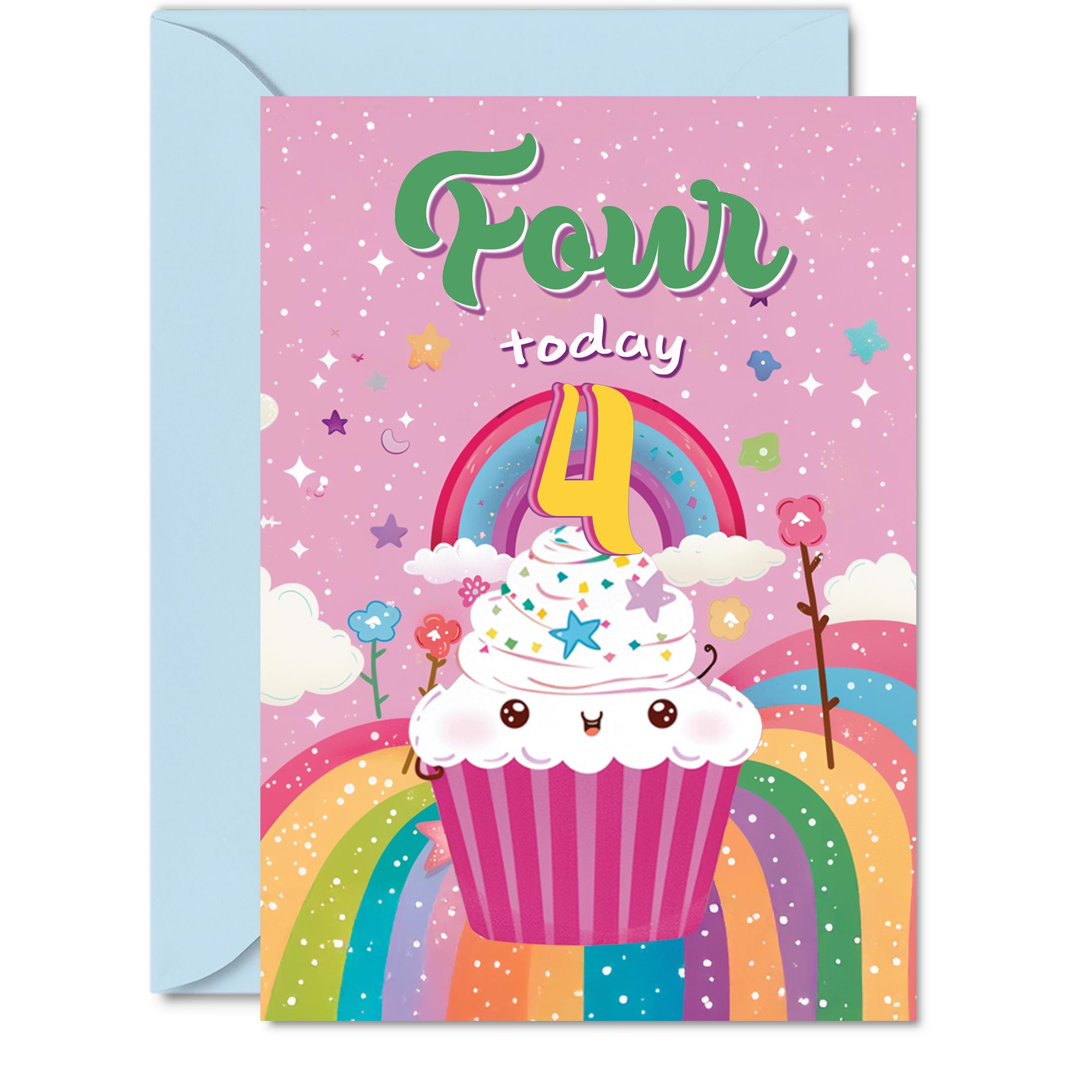 4th Birthday Card Girl - Cupcake Rainbow - Happy Birthday Card for 4 Year Old Girl, Age 4 Girls Cards, A5 Bday Greeting