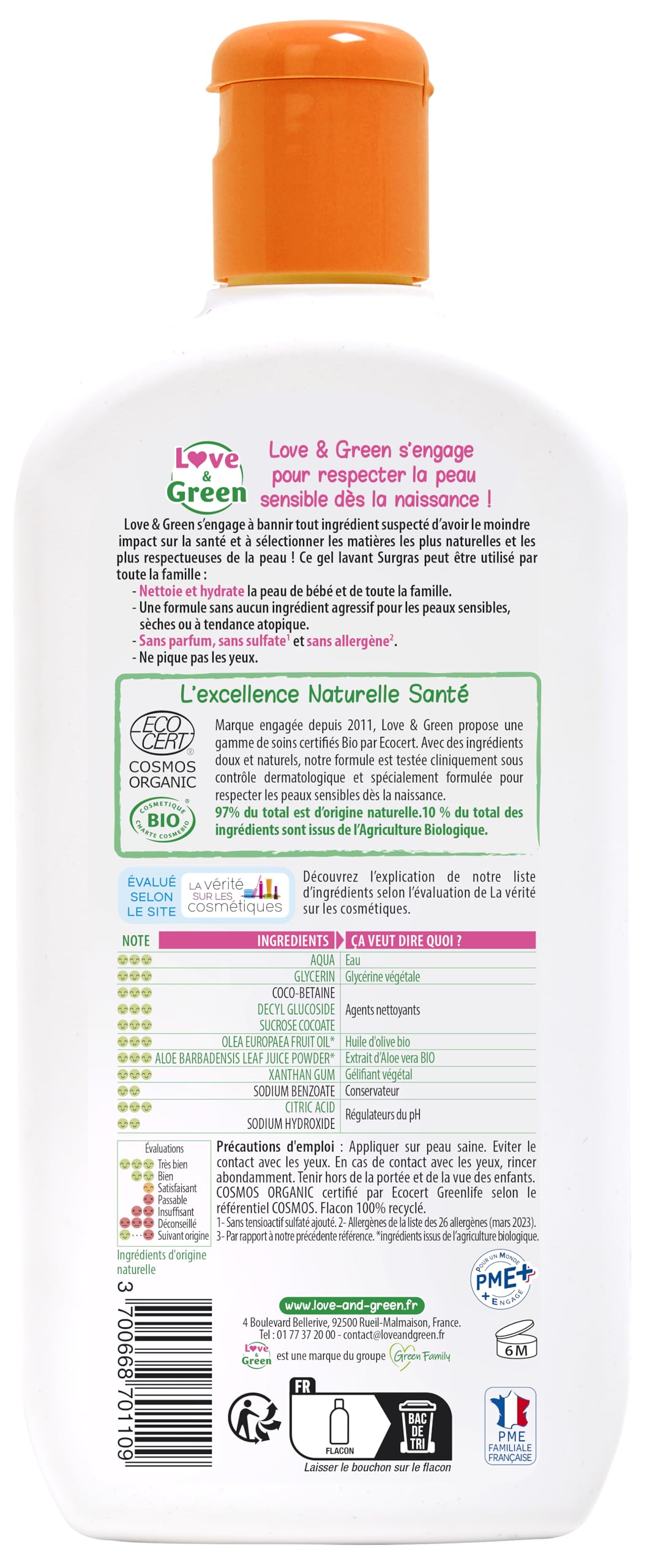 Love & Green - Gel Lavant Surgras Bio 500ml - Pour Toute la Famille - Hydratation Peau Sensible - Formule à base d’ingrédients purs-L'emballage de l'article peut varier.
