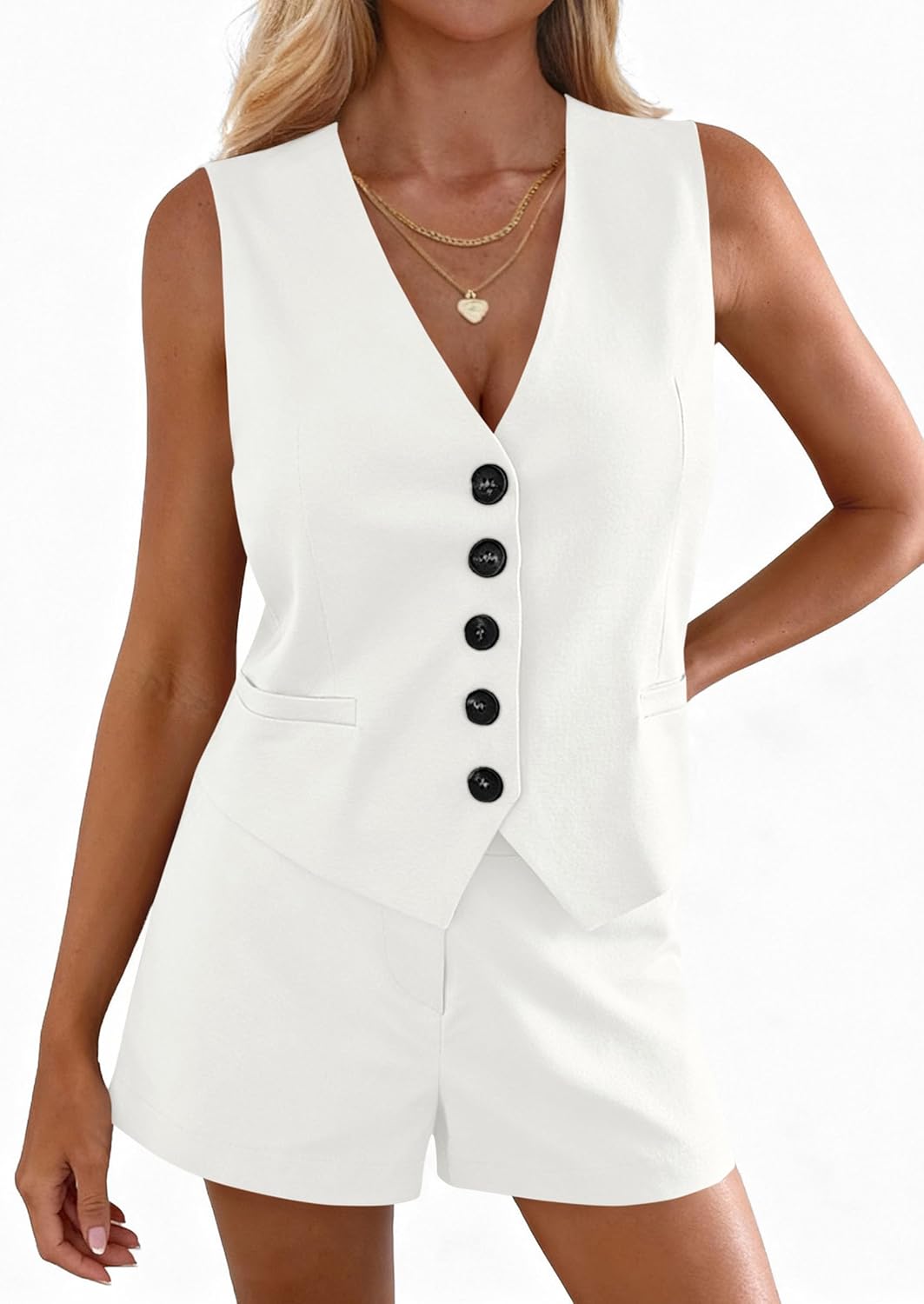 PRETTYGARDEN 2 Piece Sets for Women Spring Fashion 2026 Button Vest Tops High Waist Shorts Summer Business Casual Outfits - Image 4
