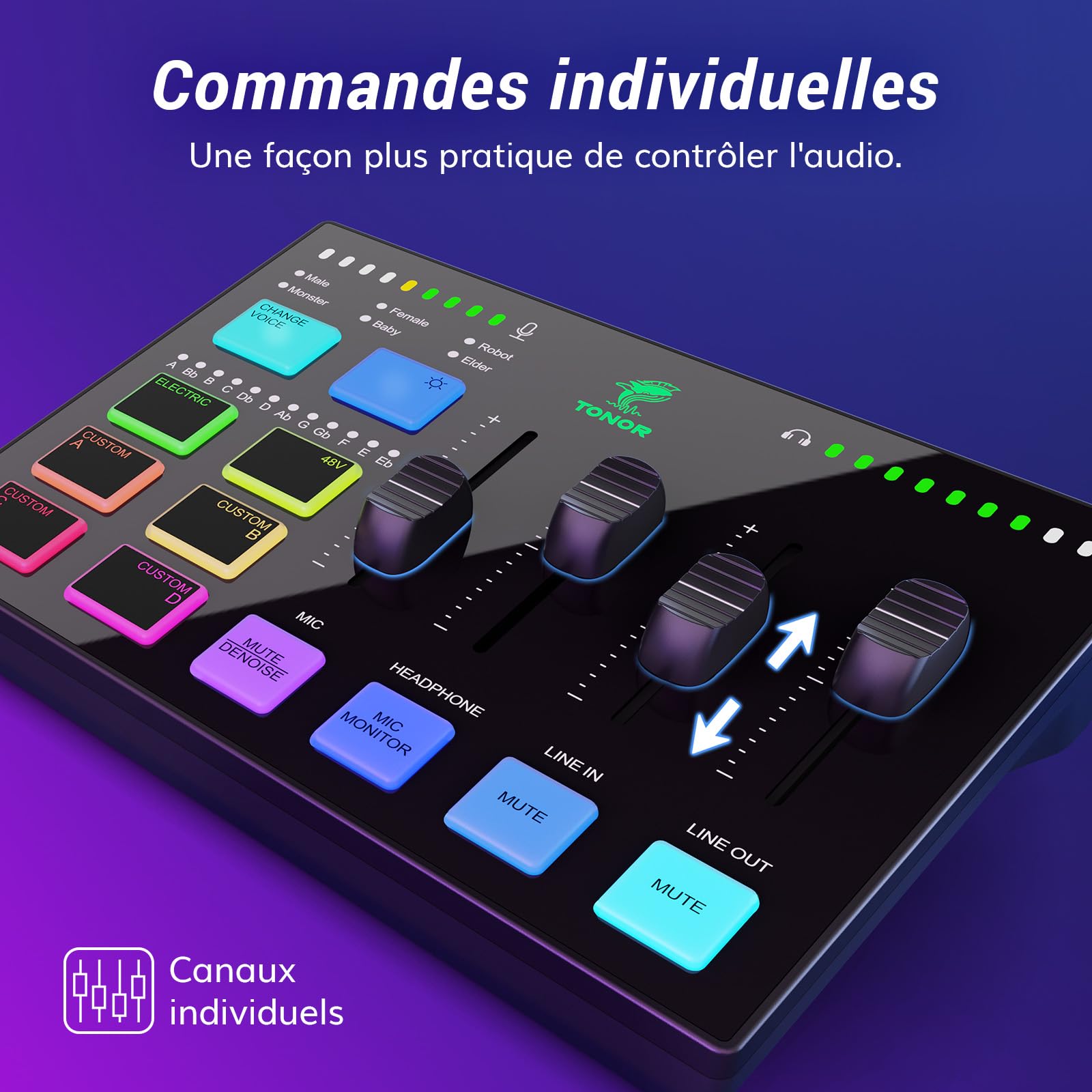 TONOR Gaming Audio Mixer, RGB Audio Interface avec Canal XLR et 6,35 mm pour Gaming, Streaming, Podcasting, Studio Création de Contenu, Commandes de Volume Indépendantes, Entrée D'instrument, TX310
