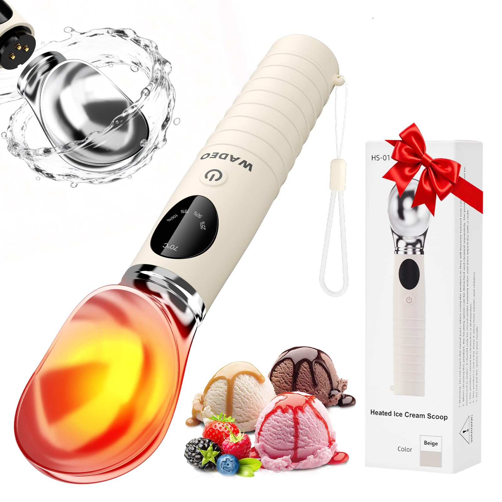 WADEO Cucchiaio per Gelato Riscaldabile Ricaricabile, Testina Lavabile (Off-White)