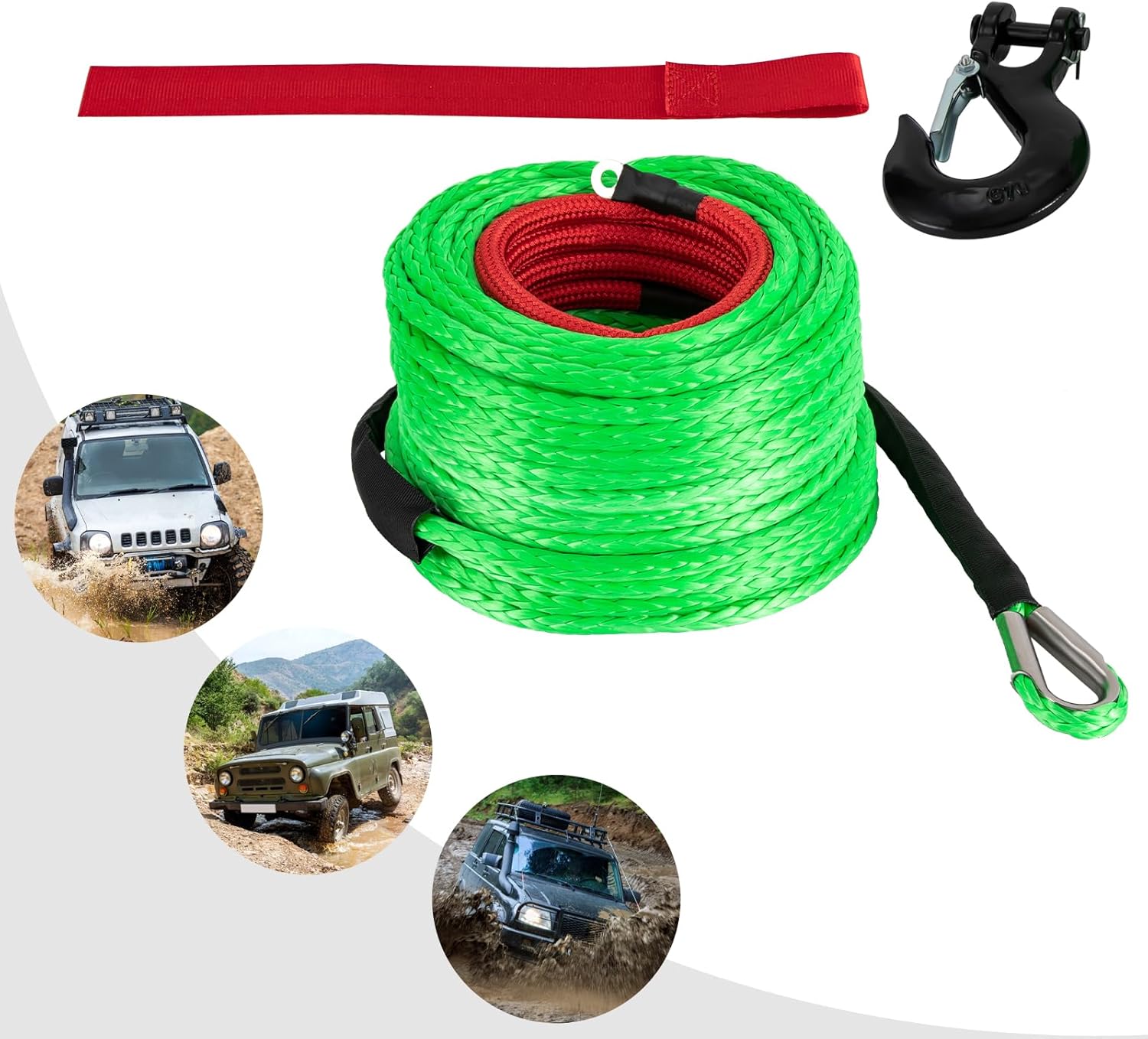 Synthetic Winch Rope (with Hook) 3/8" x 100 Ft Winch Cable with Protective Sleeve 23,809 LBS Winch Line for 4WD Trucks ATVs and UTVs (Green)