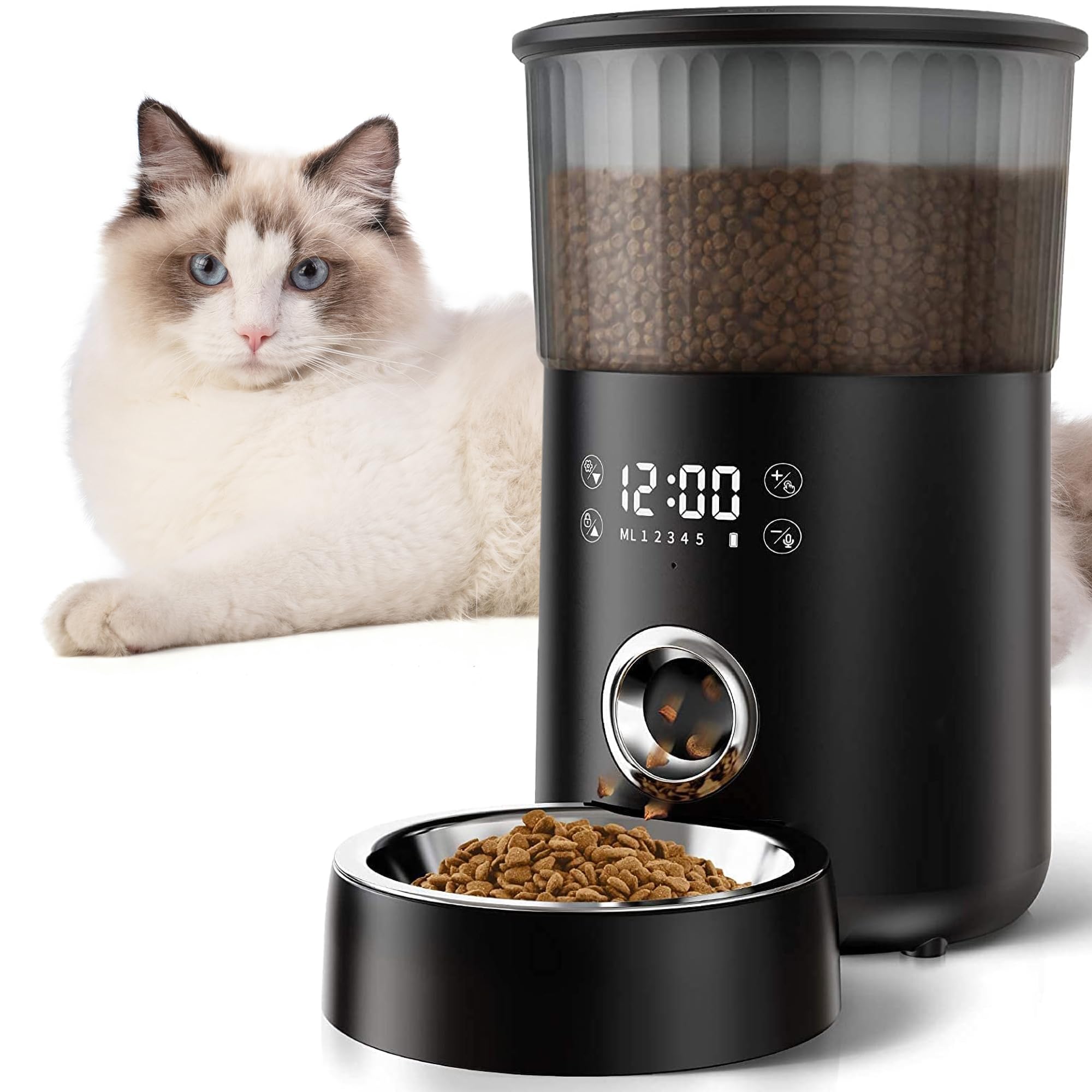 Automatic Cat Feeder, 6L Dry Food Dispenser, 2.4GHz App Control, Up to 15 Meals, 1-50 Portions, Voice Recording, Secure Lid, Detachable Tray, for Cats and Dogs