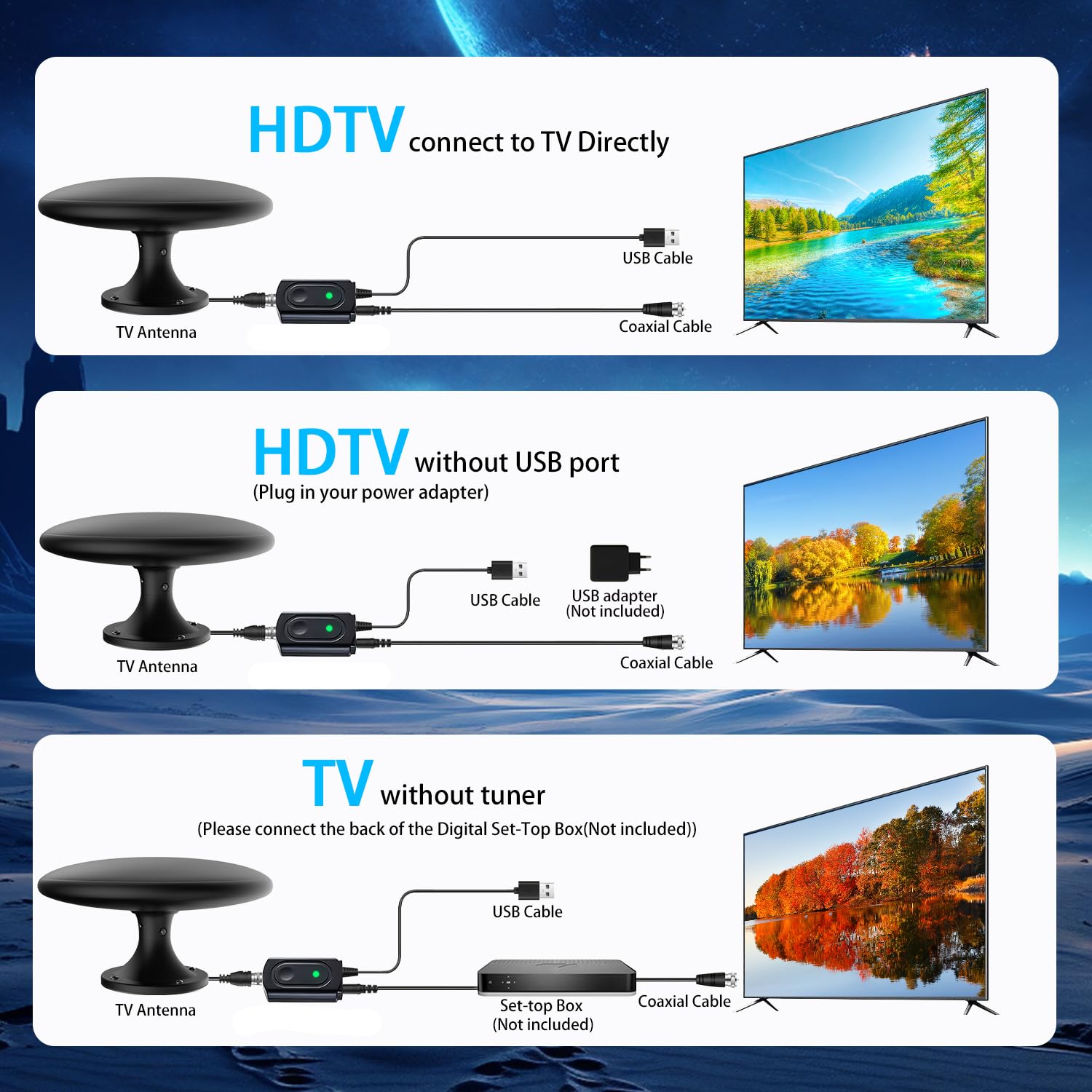 Antenna TV per camper con segnale amplificato, antenna TV digitale HD per esterni con ricezione a lungo raggio, facile installazione, per camper, rimorchi, camion, roulotte, barche (nero)