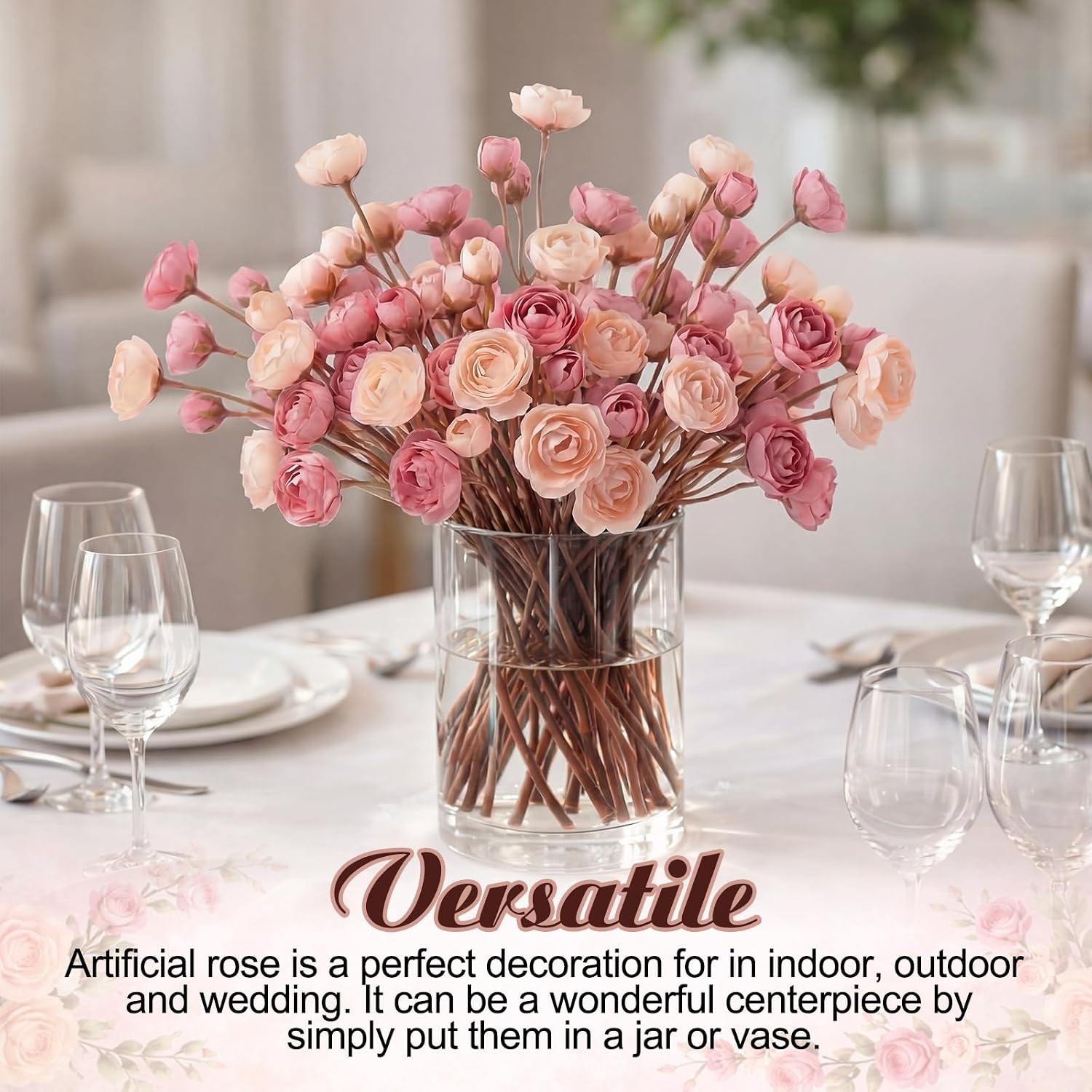 XunYee 60 Pcs Dusty Rose Artificial Ranunculus Flowers Bulk Faux Ranunculus Bouquet Realistic Silk Pink Rose Flowers Decoration for Wedding, Home, DIY Bouquet, Centerpieces, Bridal Shower, Arrangement