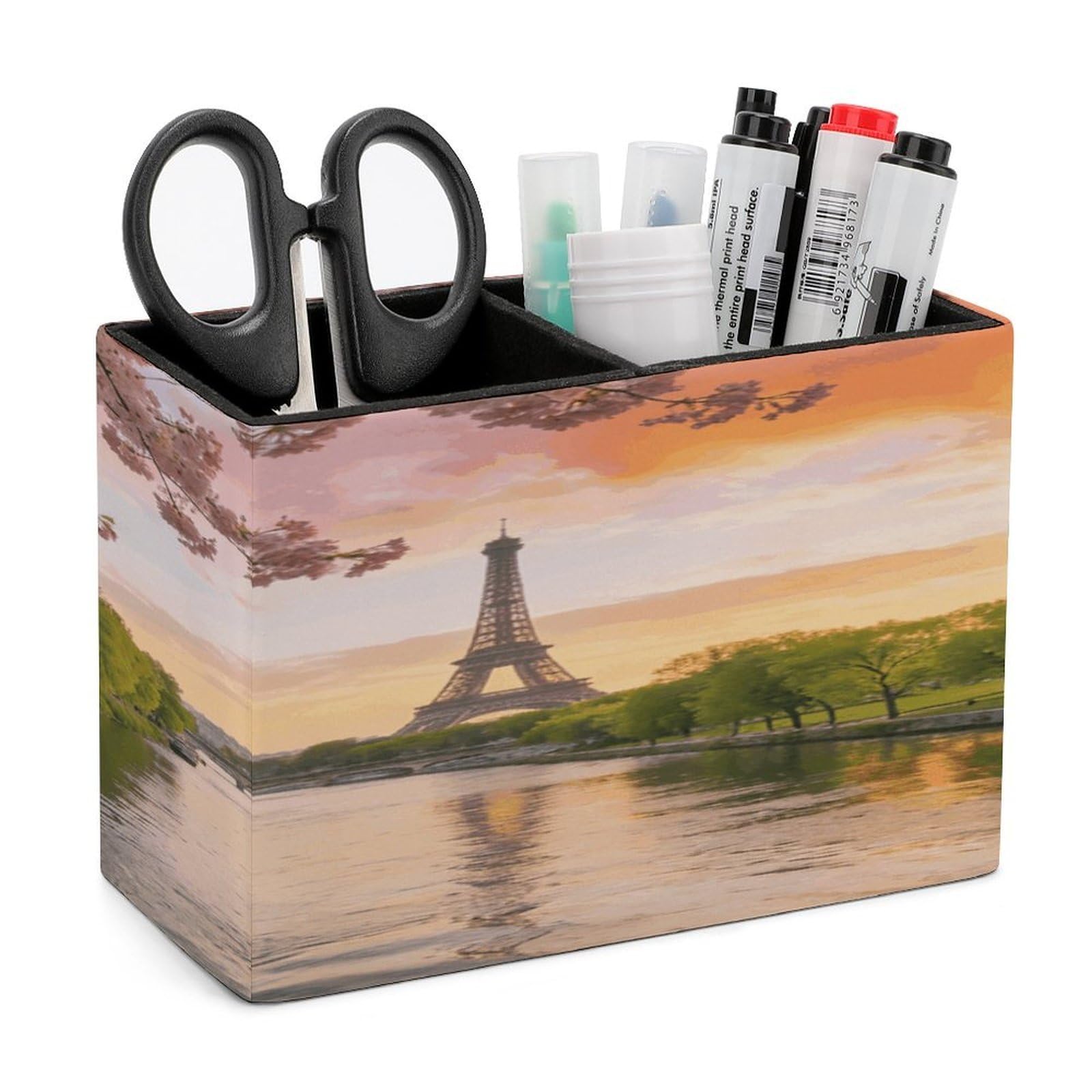 LZQPOEAS Natural Scenery of Paris Pen Holder Double Compartments Pen Cup Makeup Brush Holders Leather Pencil Holder Locker Organizer for Work Locker Accessories Modern Pencil Cup for Desk