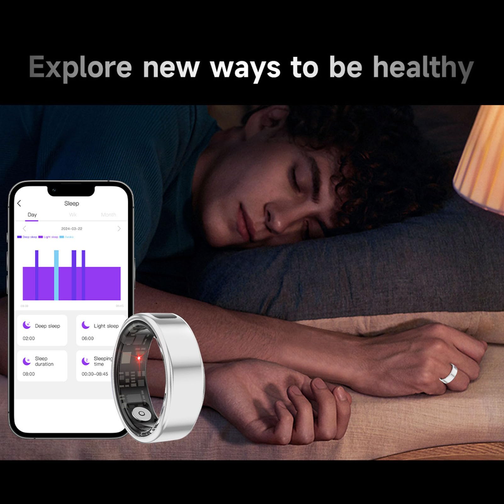 Tosuny Bague connectée Health Tracker, Bague connectée avec écran Tactile, Plusieurs Modes Sportifs, podomètre, Application Mobile, étanche IP68, avec (8 ID: 18,1 mm / 0,711 Pouce, circonférence: