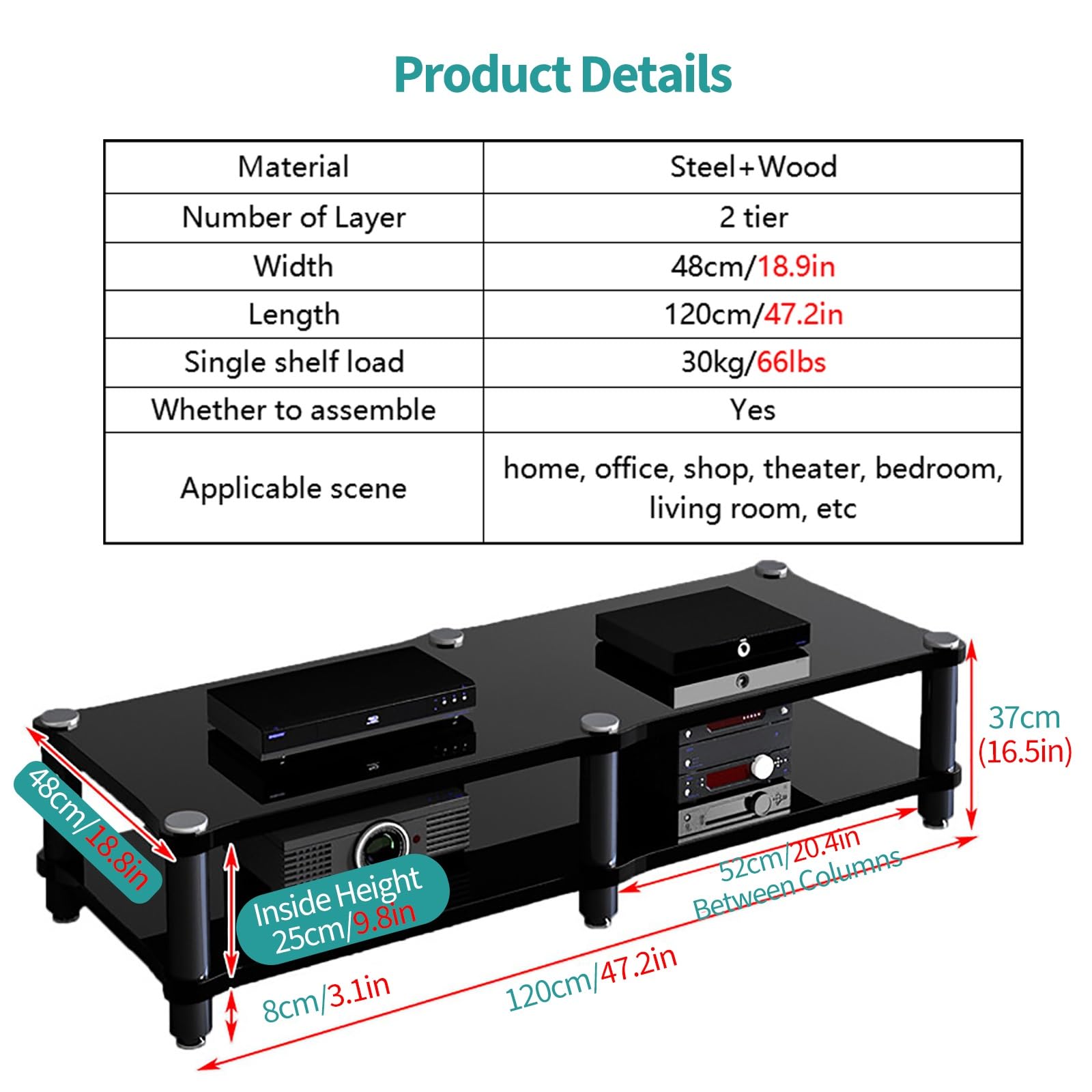 JYHHCYS Black Audio-Video Media Stand - Audio Rack Stand Tower for Entertainment Stereo Components - Heavy Duty Record Player Console w/Anti-Vibration Foot Pads(2 Layer-H 37cm/16.5in)