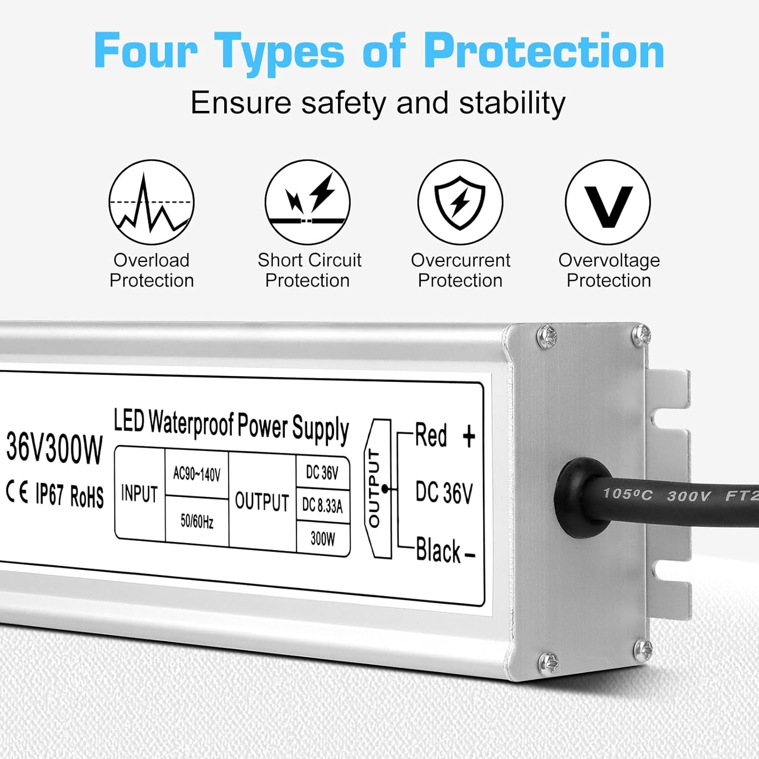 inShareplus 36V 300W LED Power Supply, IP67 Rainproof Waterproof Outdoor Driver,AC 90-140V to DC 36V Low Voltage Transformer, Adapter Converter for LED Light, Computer Project, Outdoor Use
