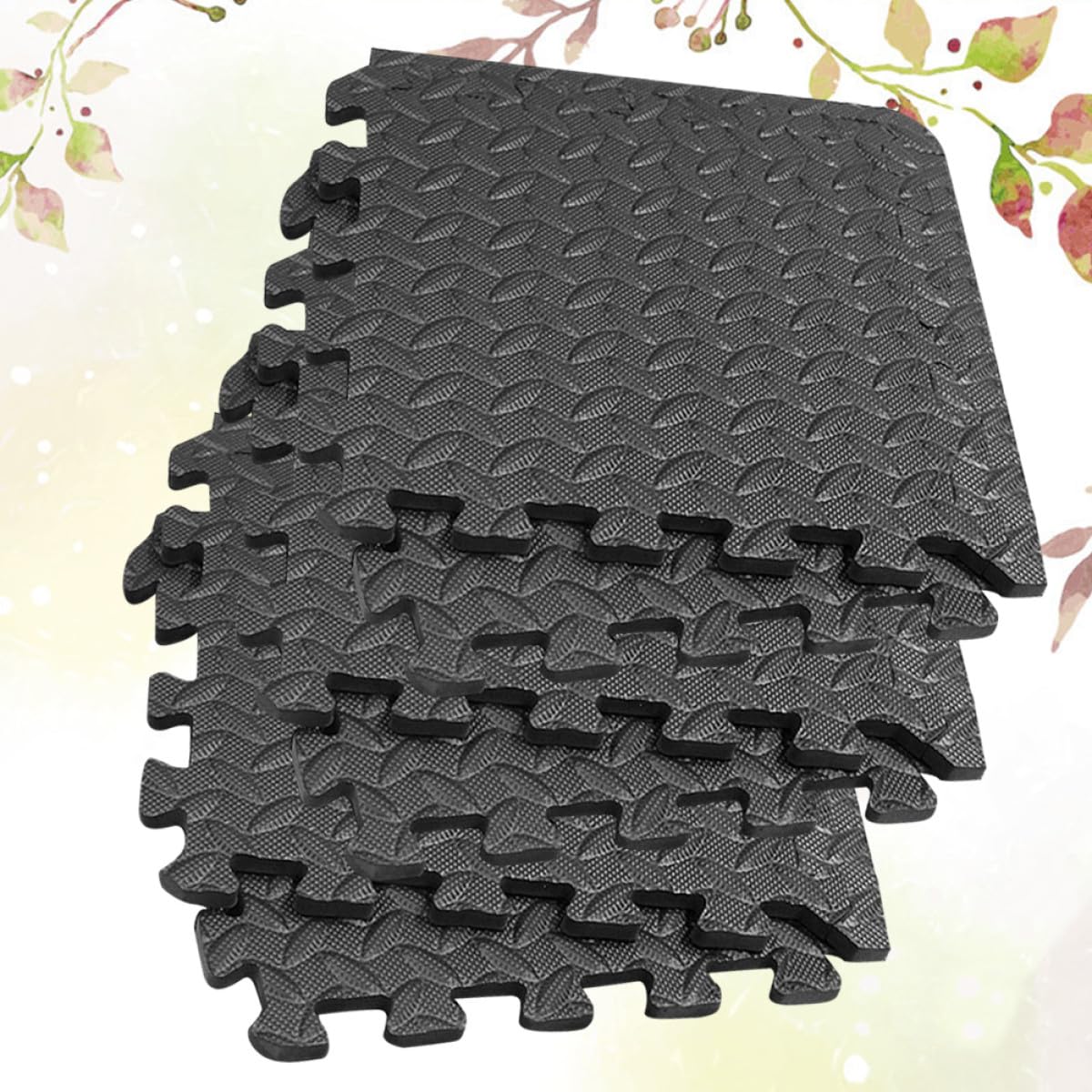 Lot de 16 Dalles de Sol Puzzle en Mousse Eva Antidérapante Gris Motif Feuilles 30x30 Cm pour Salle de Sport à Domicile, Tapis Gym Amortissant et Protection Sol Bordures,