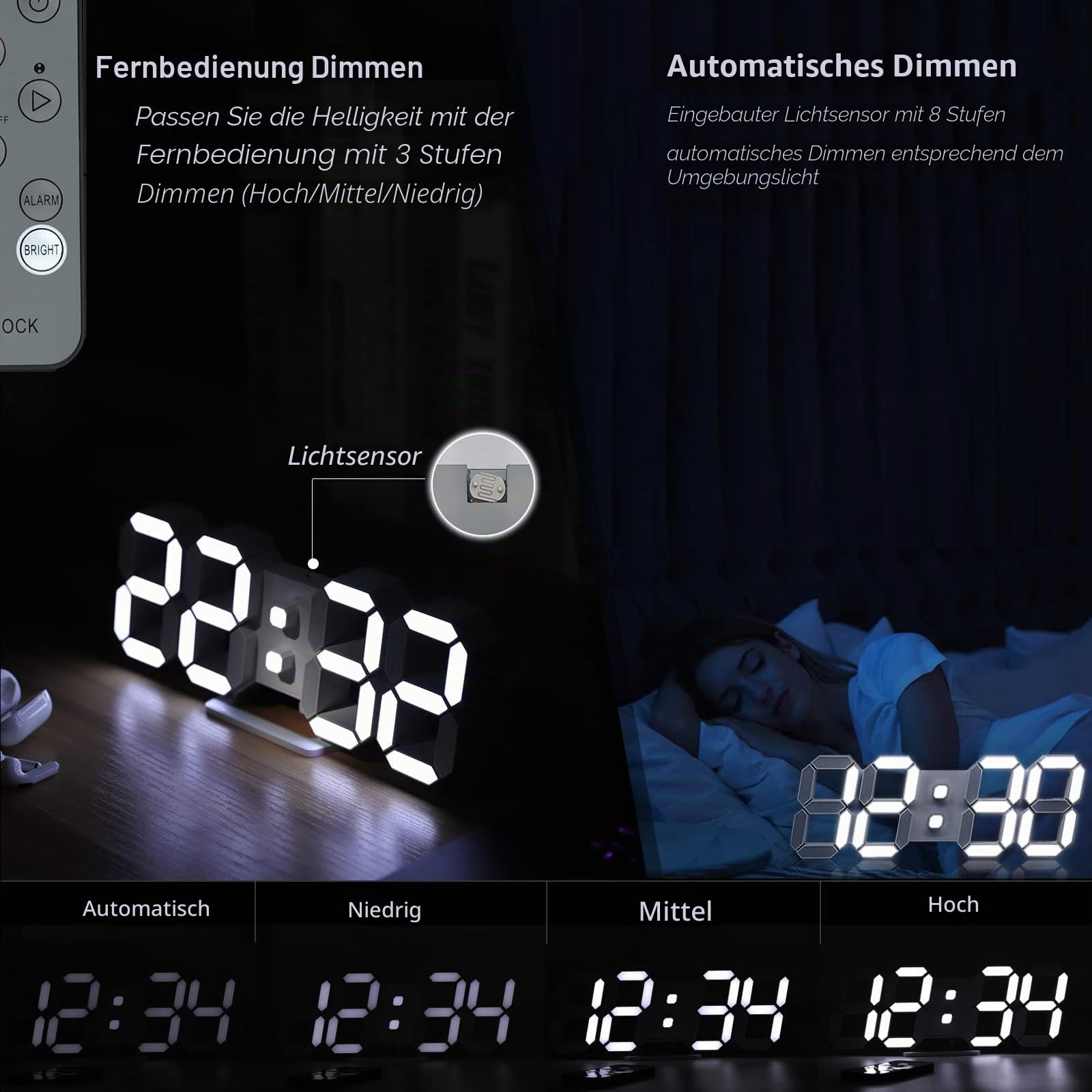 KOSUMOSU Digitaluhr 3D LED Wanduhr 9.7 Zoll, Tischuhr Großes Display Digitale Wanduhr Schreibtischuhr mit Fernbedienung 12/24H Temperatur (Weißes Licht)