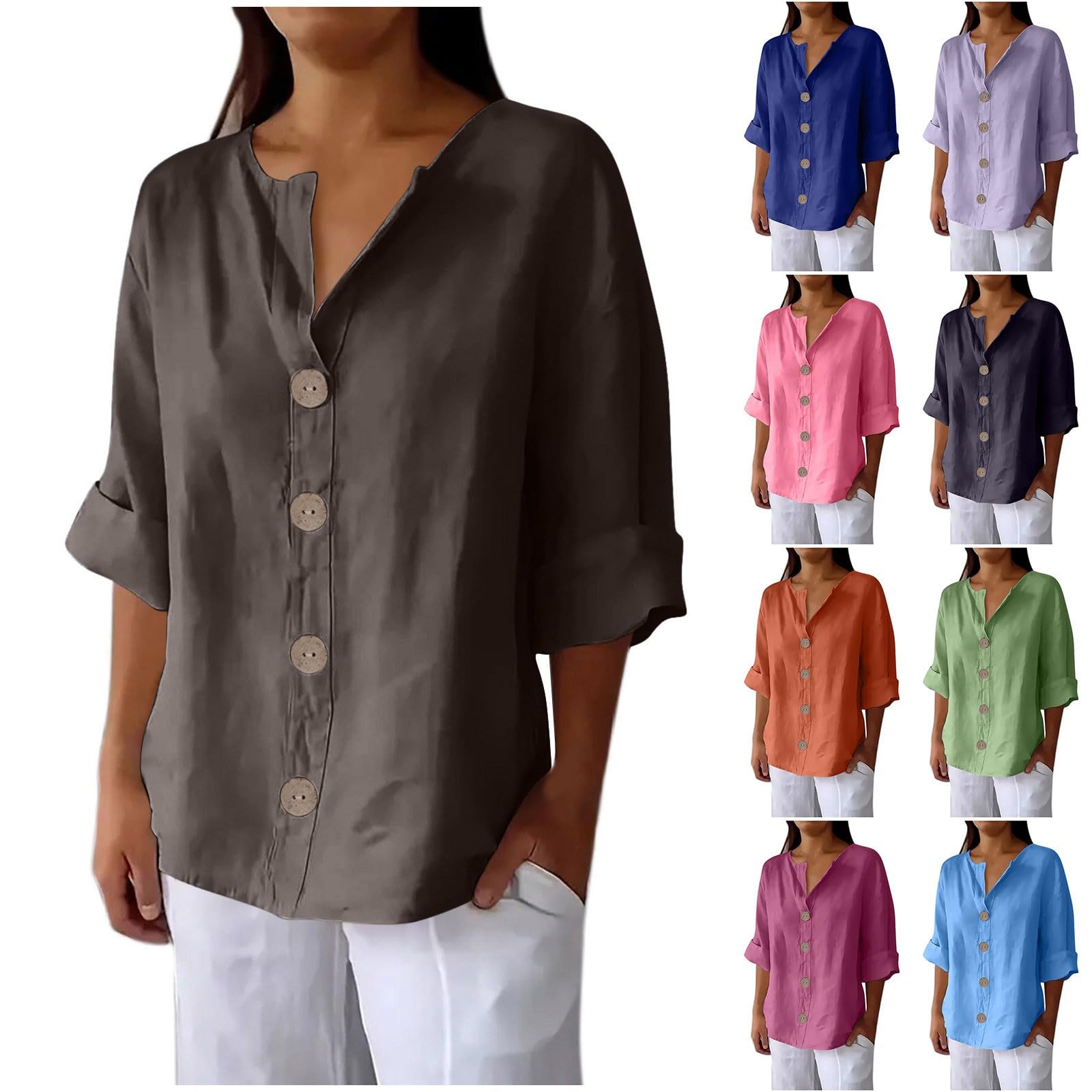 Women's Linen Shirt Button Down V Neck Solid Dressy Blouse 3/4 Sleeves Casual Loose Fit Tunic Tops Summer T Shirts