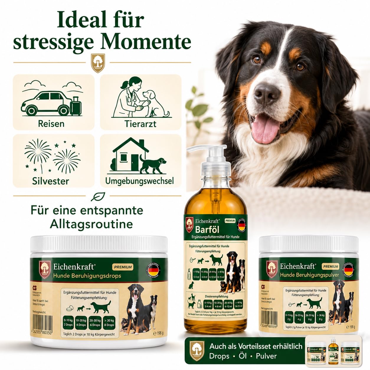 Beruhigungsmittel Hunde 3er Set Kausnacks Beruhigungspulver Lachsöl Barf Öl