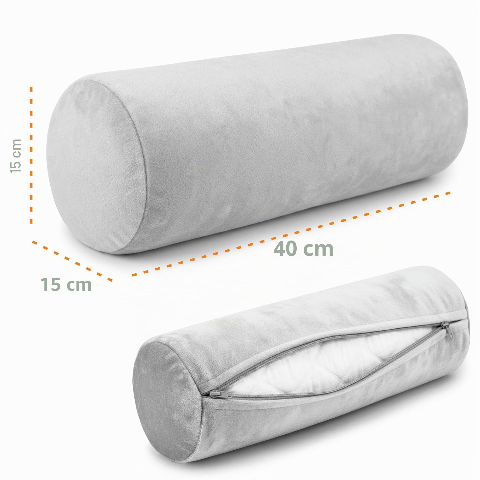 Totsy Baby Cuscino cilindrico per cervicale lombare e ginocchia per letto o divano 40x15 cm - cuscini cilindrici per corpo e yoga in schiuma con fodere in Grigio Velluto
