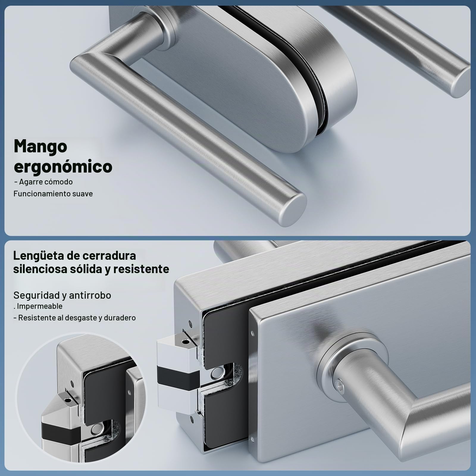 Ranbo Cerradura de Paso para Puerta de Cristal, Plata Cepillada | Sin cilindro ni llaves, con manillas a ambos lados, para cristal templado de 8–12 mm en oficinas e interiores