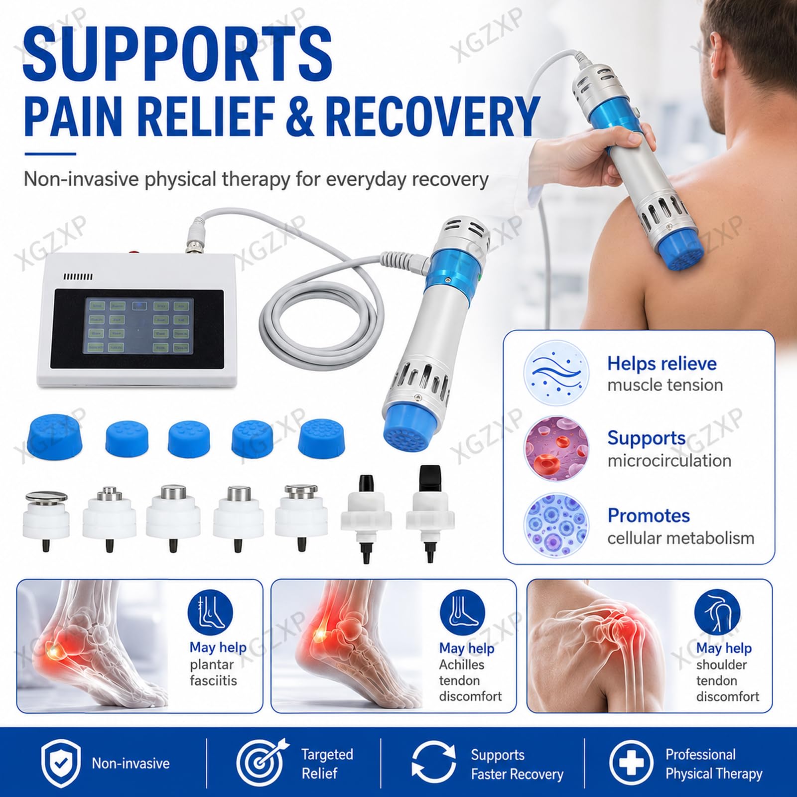 Dispositivo De Terapia De Ondas De Choque, Ondas De Choque Extracorpóreas, Frecuencia Ajustable De 1 a 16 Hz Y Energía De 5 a 250 MJ, con 7 Sondas, para Gimnasio Y Rehabilitación