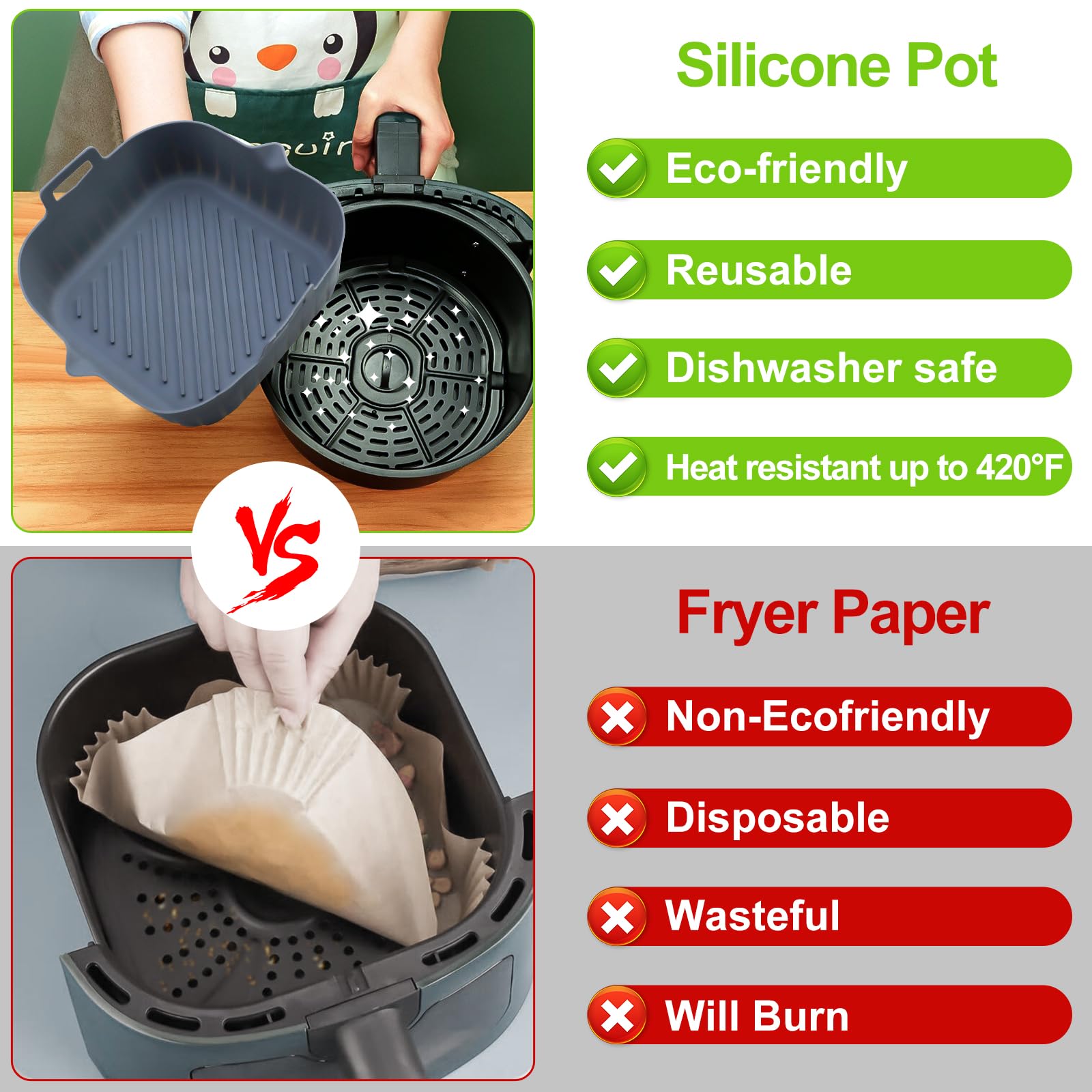 2 Pack Air Fryer Silicone Liners - 8 Inch Square Reusable Non-Stick Basket Pot For 4-6 QT Fryers - View #8