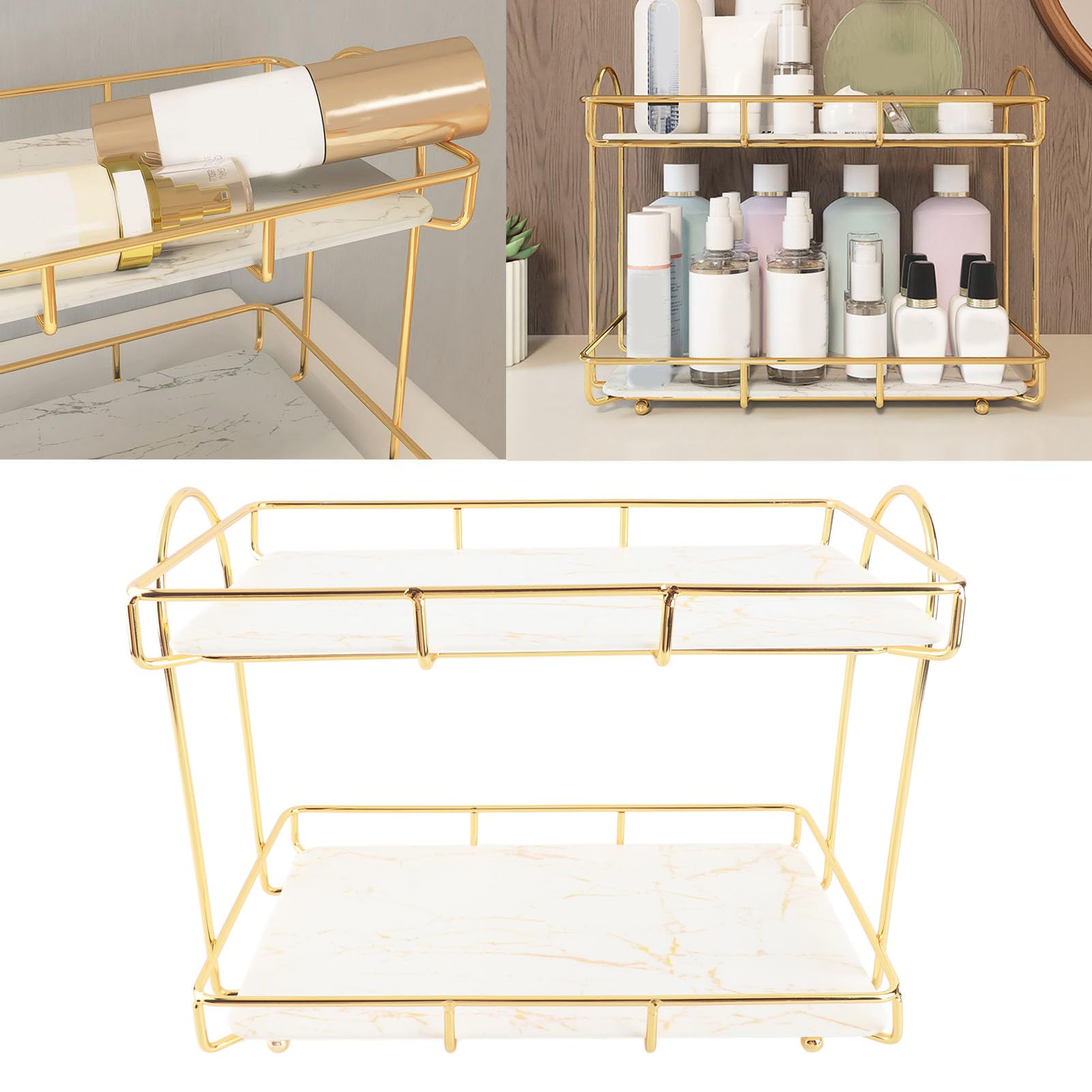 Asixxsix Organizador de baño, Bandeja de tocador Multiusos de 2 Niveles con Revestimiento Dorado para lociones, Maquillaje, cosméticos, perfumes, detergente y Especias, Dorado (L)
