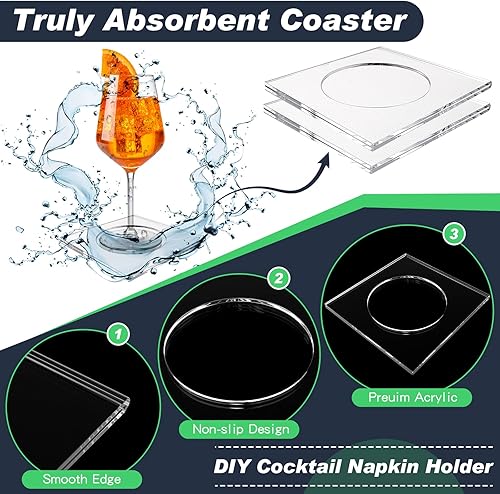 Vista 3 de Weecent Paquete de 8 posavasos acrílicos para servilletas de cóctel, transparentes, resistentes al agua, inastillables, para cualquier ocasión