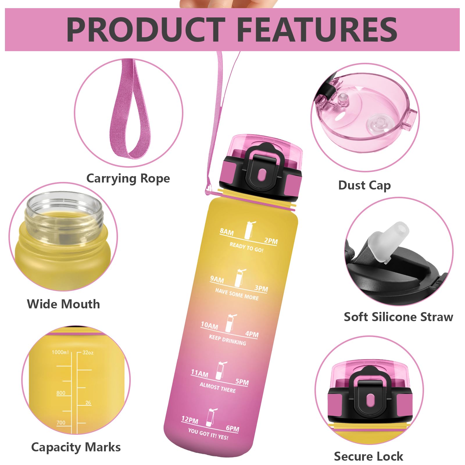 Grsta Borraccia 1 litro, A Prova di Perdite Borraccia Palestra, Bottiglia Motivazionale, con Cannuccia, Borracce con Indicatore del Tempo per Escursionismo, Ufficio, Corsa