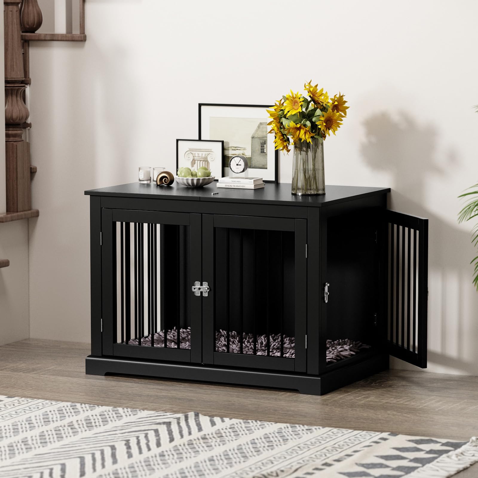 HOLTICO Mueble Jaula para Perros Grandes,Tapa Abatible,Tubos de Metal Antimordeduras,Doble Puerta,Incluye Cojín,Interiores,Mesa Auxiliar Salón,98x71x79cm,Negro