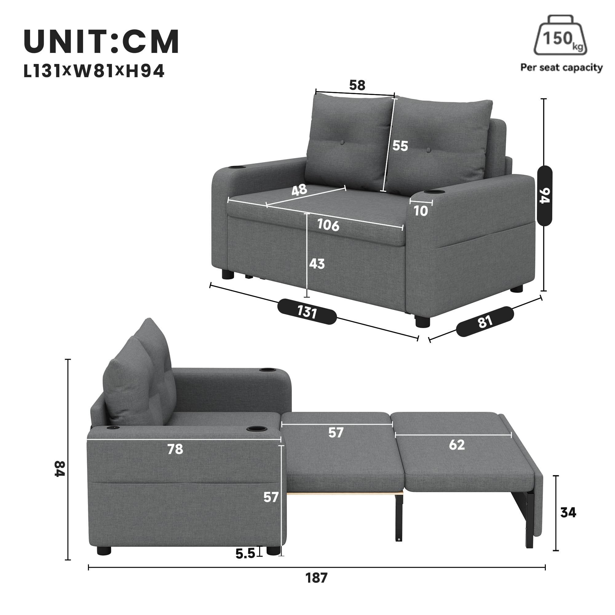 Divano letto 3 in 1, divano letto estraibile con funzione sonno, divano doppio con porta bevande, tasche laterali, cuscino e porta USB, design moderno, adatto per soggiorno e camera da letto (grigio)