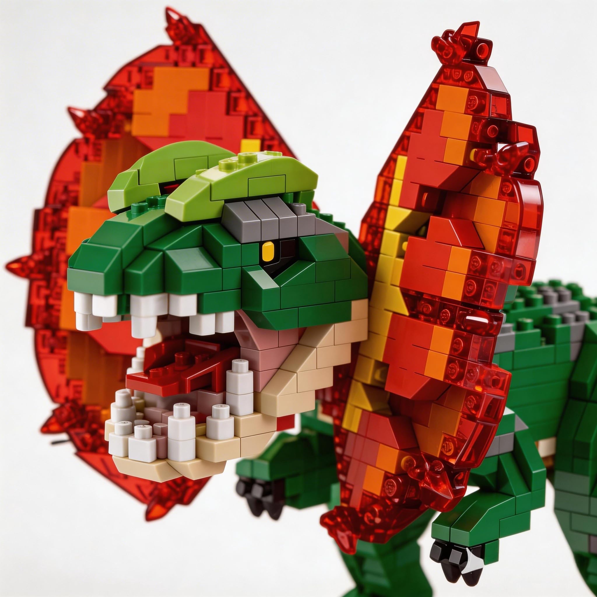 Juego de microladrillos de dinosaurio: 1000 piezas de dilofosaurio feroz con auténticos tonos rojo y verde, atractivo pasatiempo de construcción, llamativo exhibición para el hogar de Dino