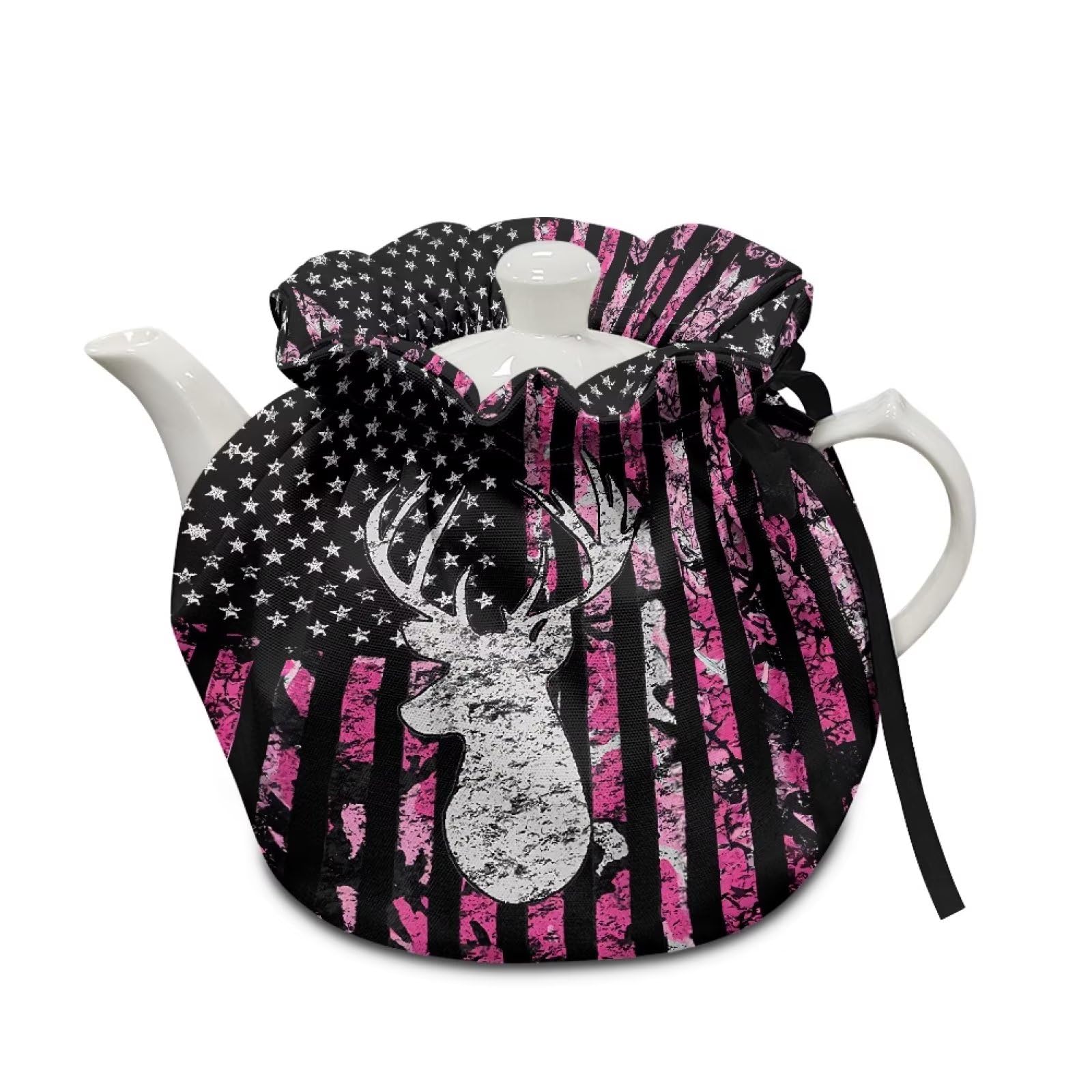 Xoenoiee Deer US Flag Pink Forest Camo Pattern Tea Cosy Cover Teapot Warmer Teapot Cover Tea Pot Decor Cover, Tea Cozy for Kitchen Home Tea Pot Tea Kettle Quilt