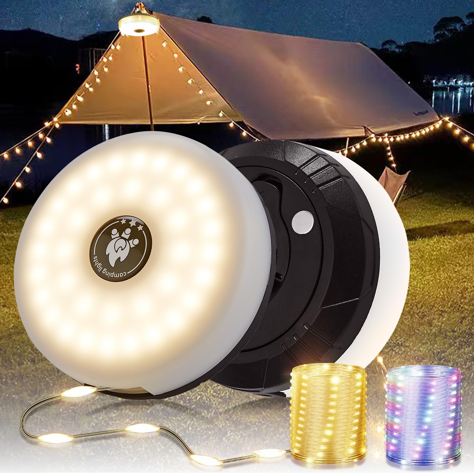 2-Pack Camping Lichterkette Aufrollbar, 4-in-1 Tragbare Wiederaufladbare LED Lichterkette mit 8 Beleuchtungsmodi, USB-Aufladung, 10M Wasserdichte Zeltleuchten für Wandern Weihnachten, Schwarz