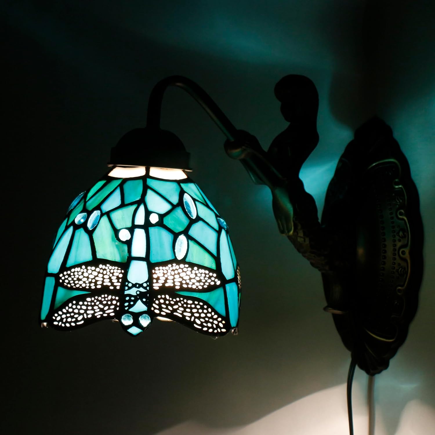 Tiffany Mermaid Wall Lamp Insert Colored Glass Bedside lamp 6X12X11 inches, Suitable for Living Room, Bedroom and Corridor (Green Dragonfly)