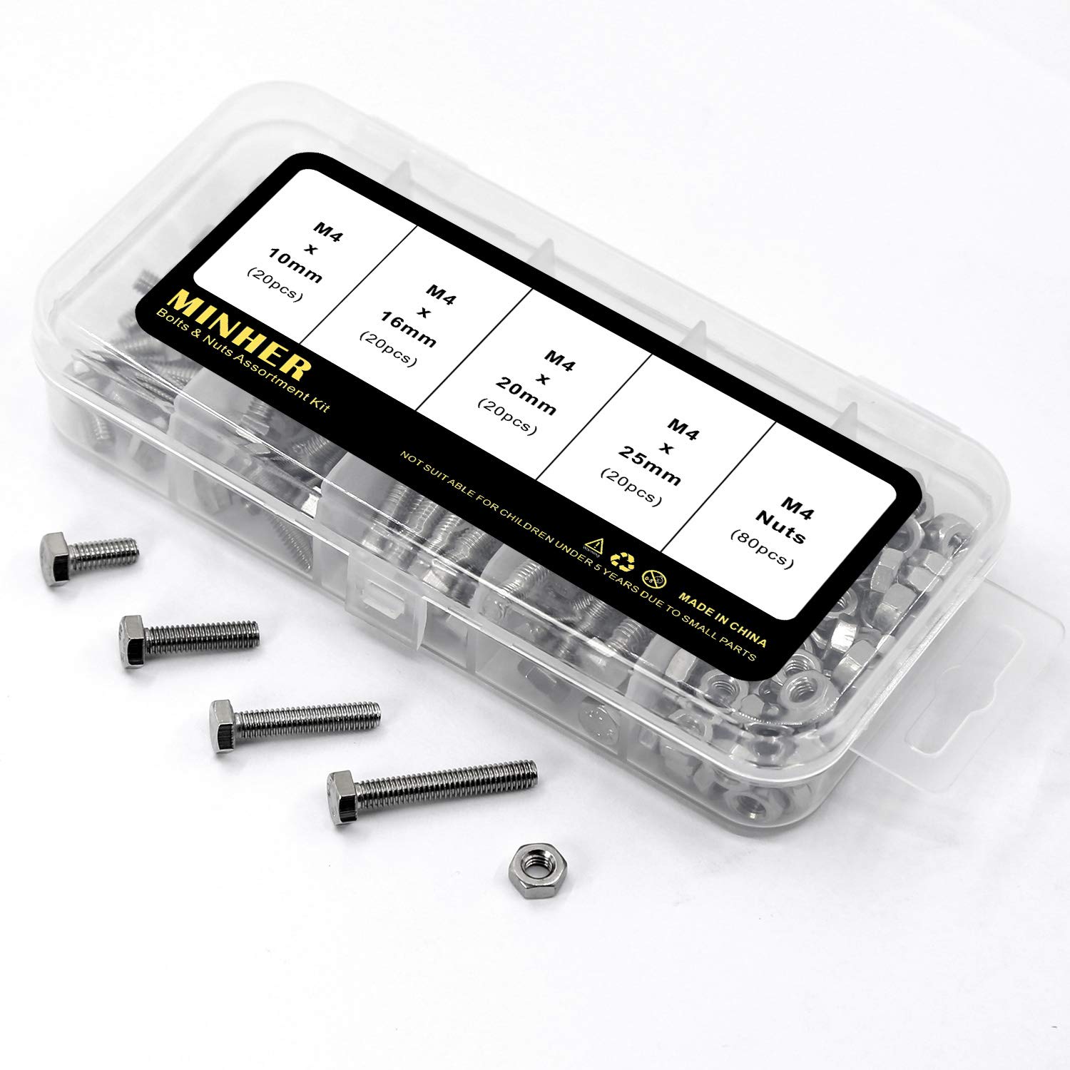 M4 304 Rvs Zeskantbouten Bouten en Moeren Set, Machine Schroeven Bouten (10mm 16mm 20mm 25mm