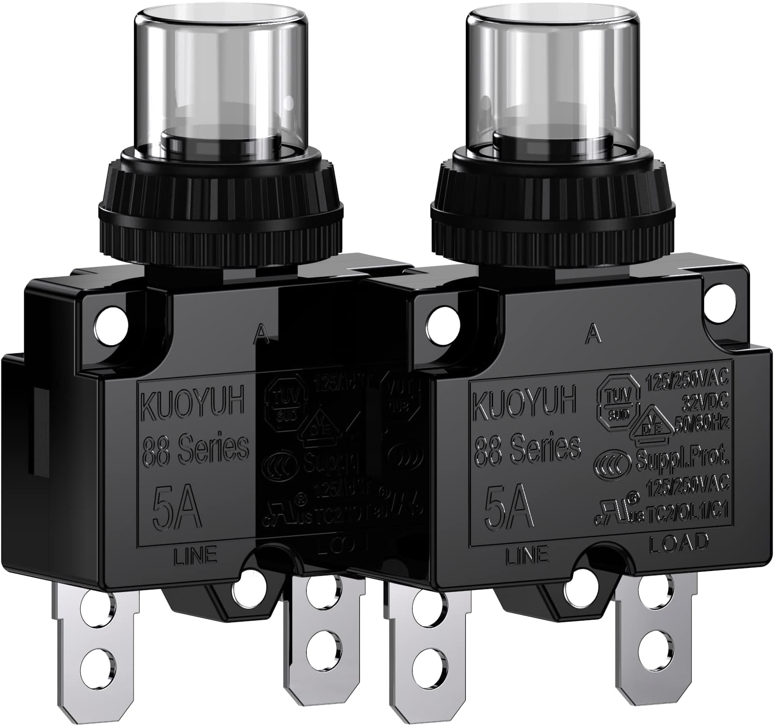 Thermal Overload Circuit Breaker 88 Series 5A 32V DC 125/250VAC 50/60Hz Push Button Reset Boot Switch and Waterproof Button Transparent Cap 2 Pcs