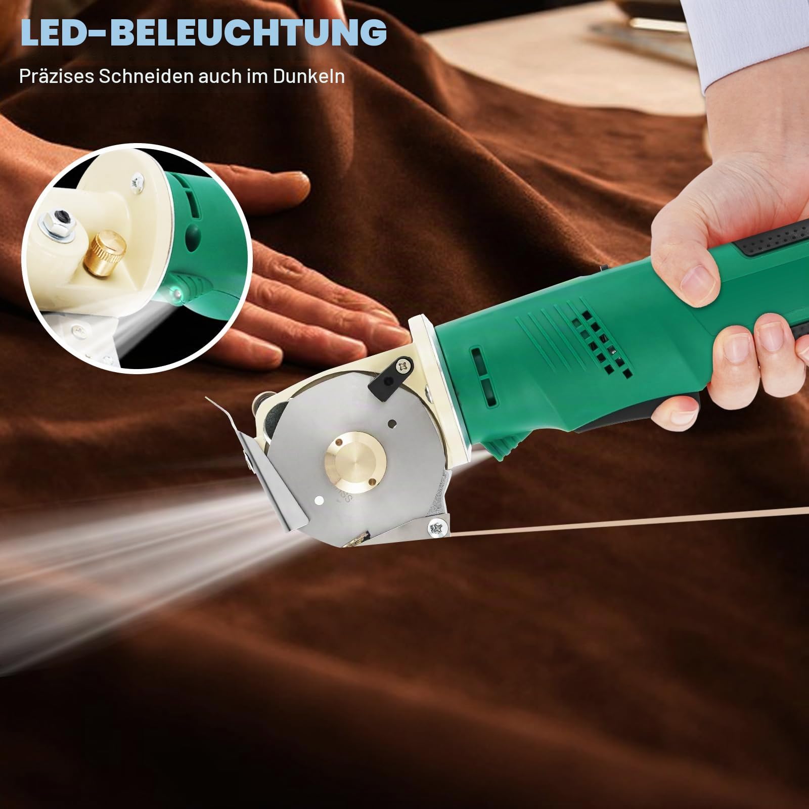 MXBAOHENG Elektrischer Stoffschneider 12V DC-70 Elektrischer Industrieller Stoffschneider Akku-Rundschere zum Schneiden von Stoff Teppich Leder (eine AKKU & 2 * 70 mm Klinge Grün)