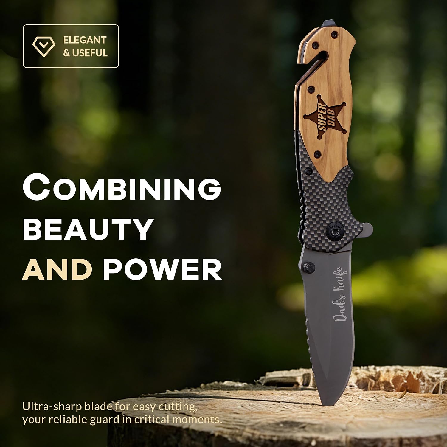 Personalized Pocket Knife for Men - Custom Engraved Folding Knife Gift for Dad, Husband, Boyfriend - 3.54" Stainless Steel Blade, Wood Handle for Camping & Everyday Use (Fiber)