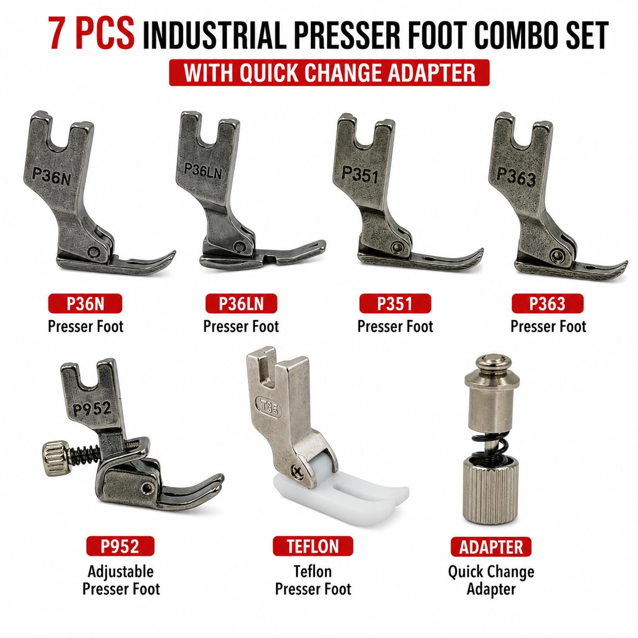 ZENITH Professional Industrial High Shank Sewing Machine Presser Feet Set - 7 Piece Universal Kit Compatible with Brother, Singer, Juki, Jack (P36N & P36LN,P351,P363,T-35,P952,Quick Changer Adapter) — Amazon image 2