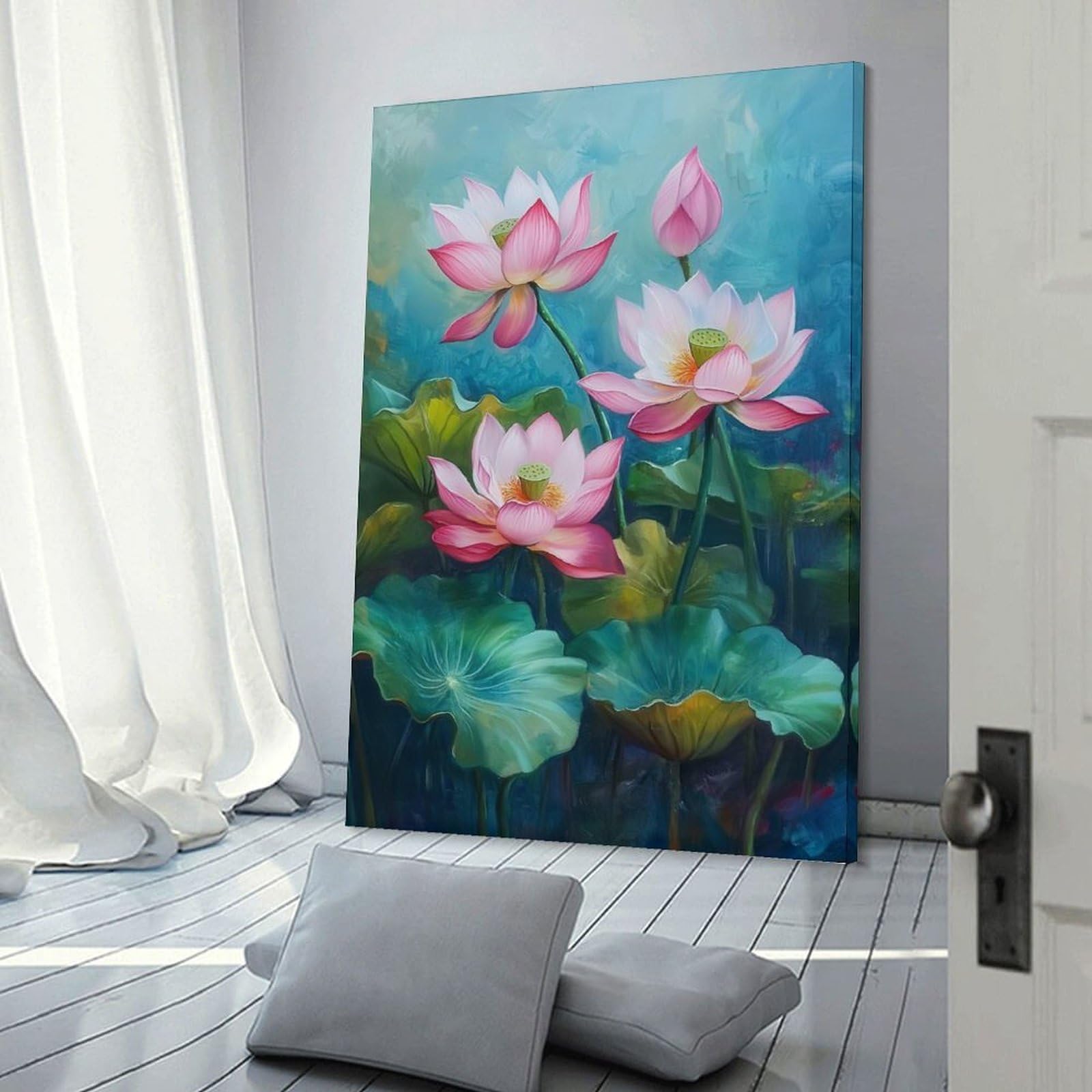 Junmoney Frame-Style-9 Hanging Wall Art Lotus Flowers Painting, 08X12inch(20X30cm), For Entryway, Lounge Links Or Small Walls, A Neat Decor Update For Hallways