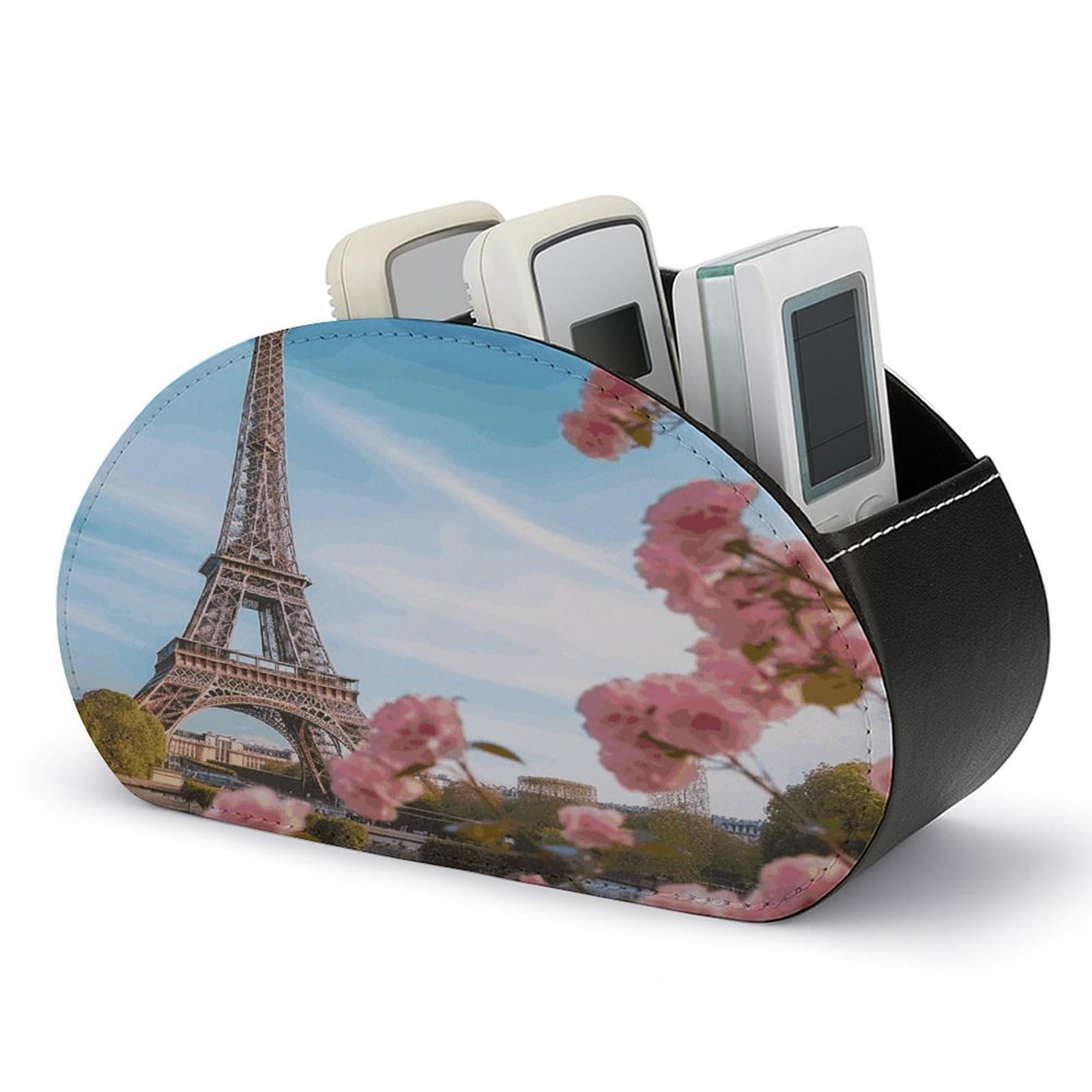 LDGSUPH Paris Eiffel Tower with Flowers Remote Control Holder with 5 Compartments PU Leather TV Remote Caddy Storage Box Multi-functional Desk Storage Organizer Box Anti-slip Desktop Caddy