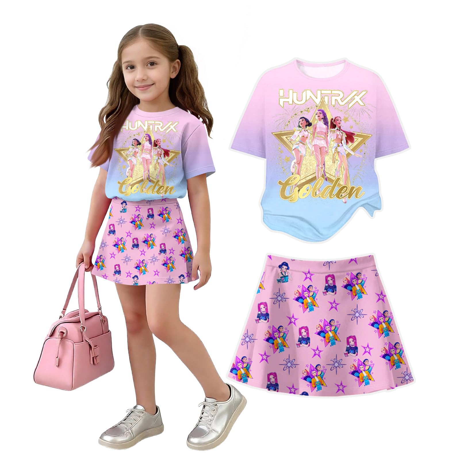 K Pop Short Sleeve T-Shirt and Skirts Outfits Set for Girls Hunters Girl's Anime Graphic Tees De-Mon Summer Sets — view 9