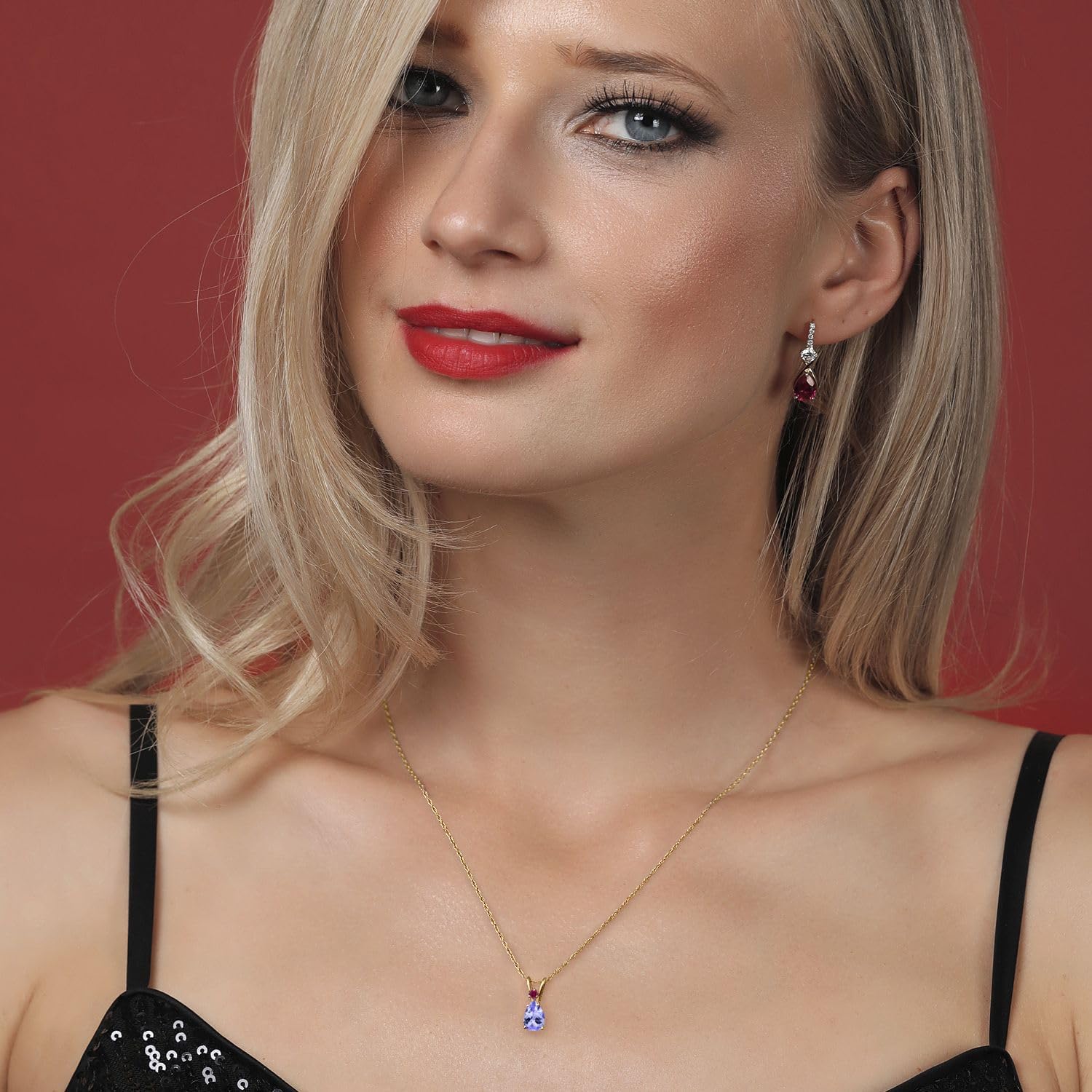 Gem Stone King 14K Yellow Gold Blue Tanzanite and Red Created Ruby Pendant Necklace for Women | 0.68 Cttw | Gemstone December Birthstone | Pear Shape 7X5MM | With 18 Inch Chain - Image 4