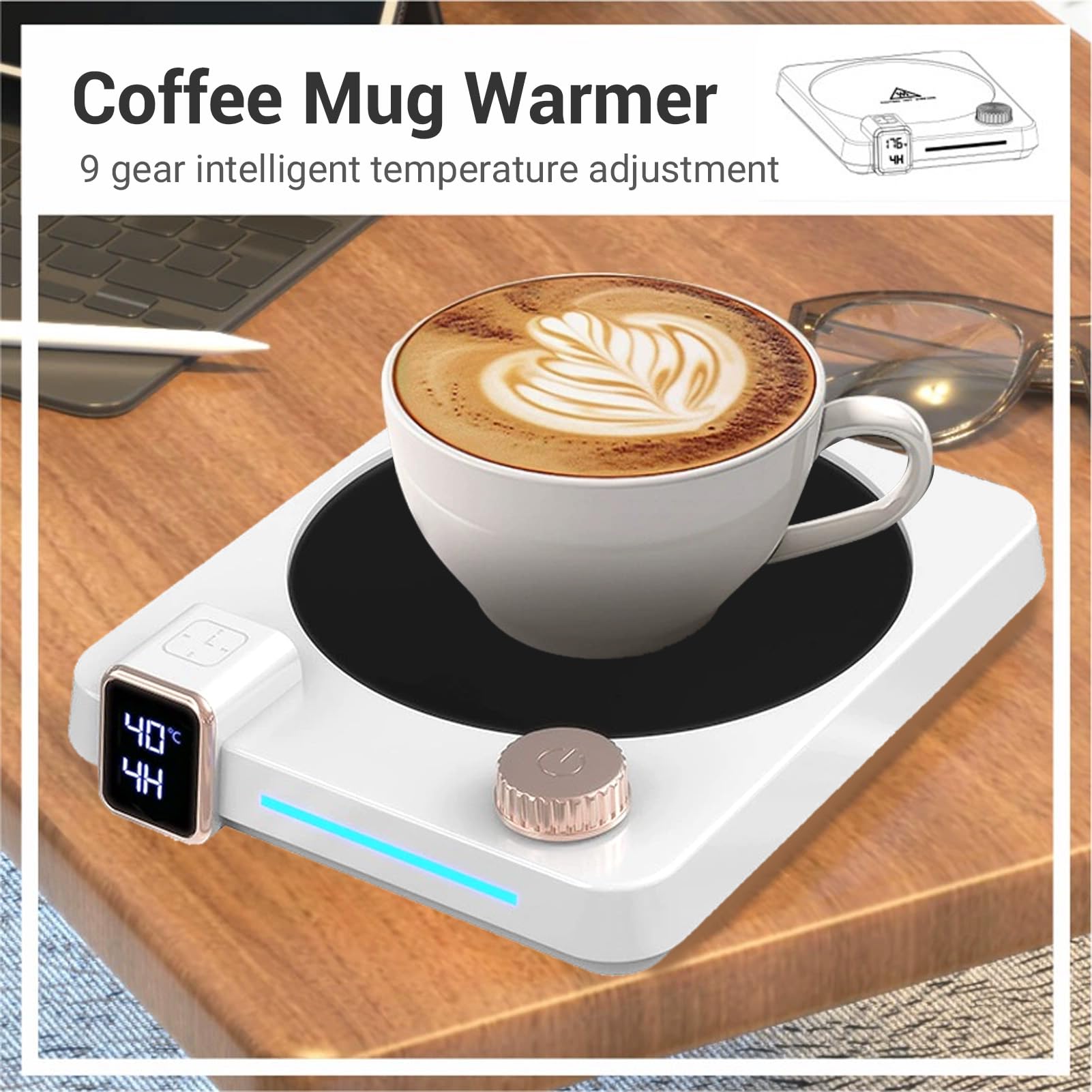 Calentador de café para Escritorio, Calentador de Tazas Eléctrico con Temperatura Ajustable 103-176°F y Temporizador de Apagado Automático Personalizado (2-12H), (Enchufe Europeo)