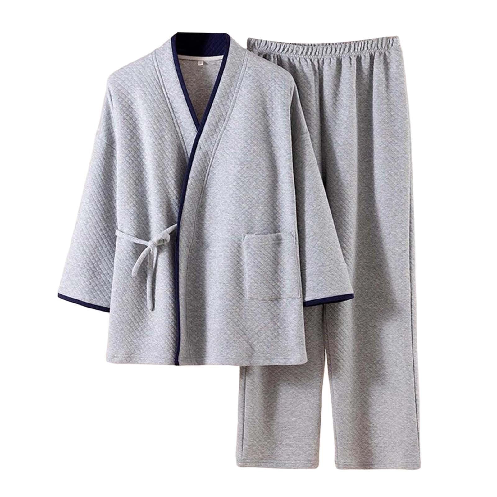 Pijama para hombre con cuello de pico, pijama de dos piezas, kimono japonés, juego de 2 piezas, ajuste holgado, pijama para el tiempo libre, cálido y grueso, ropa de dormir