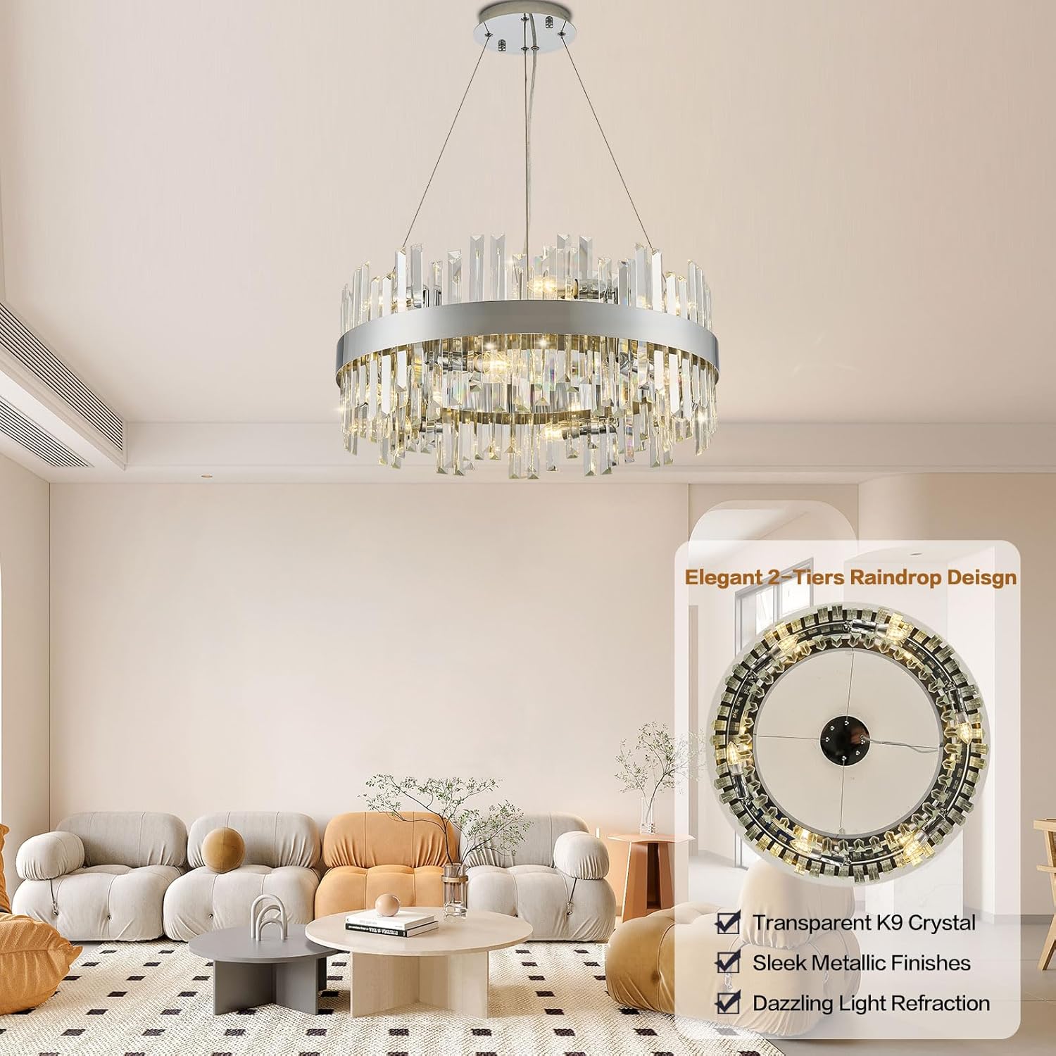 24'' Modern Chrome Crystal Chandeliers for Dining Room,2 Tiers 12 Lights Raindrop Round Chandelier Adjustable Height,Luxury Dimmable Pendant Ceiling Light for Living Room Kitchen Island Foyer